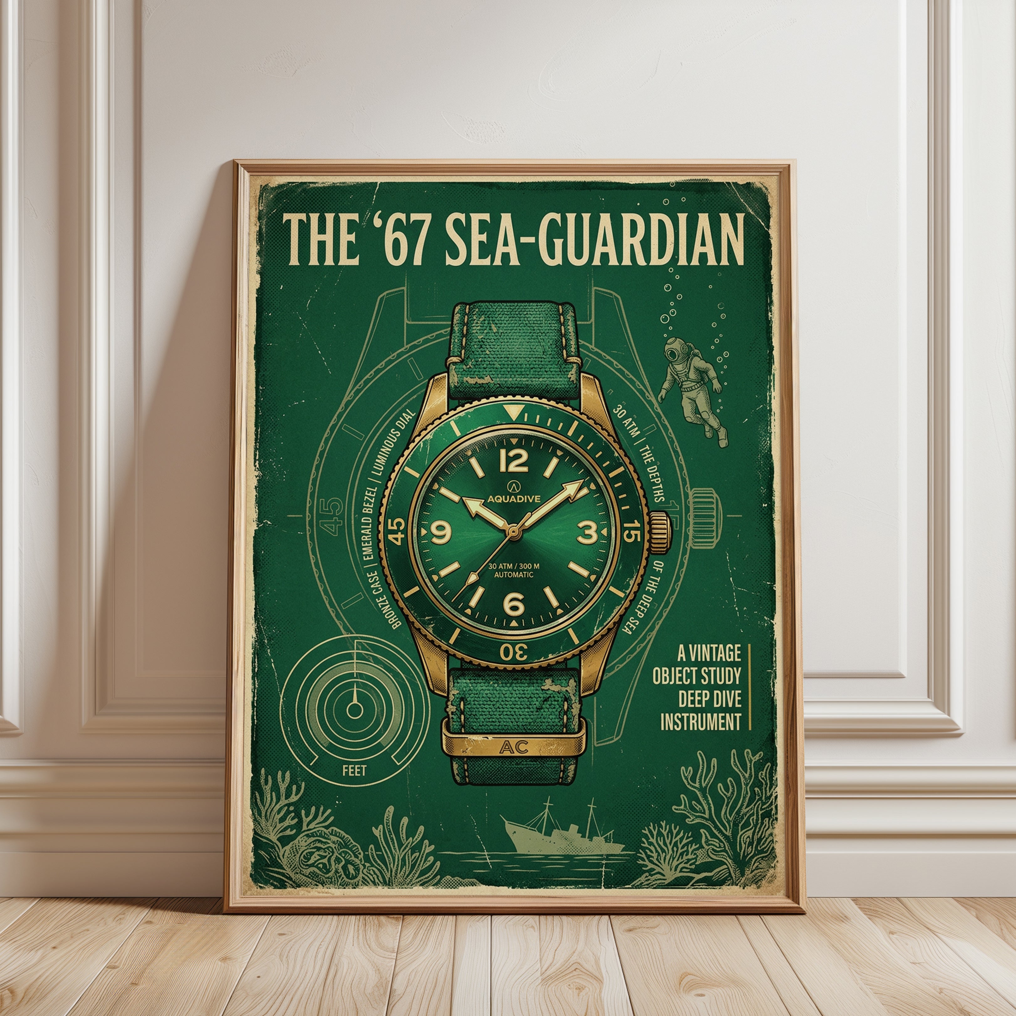 Vintage Dive Watch Poster: Retro Green Aquadive Advertisement - framed detail