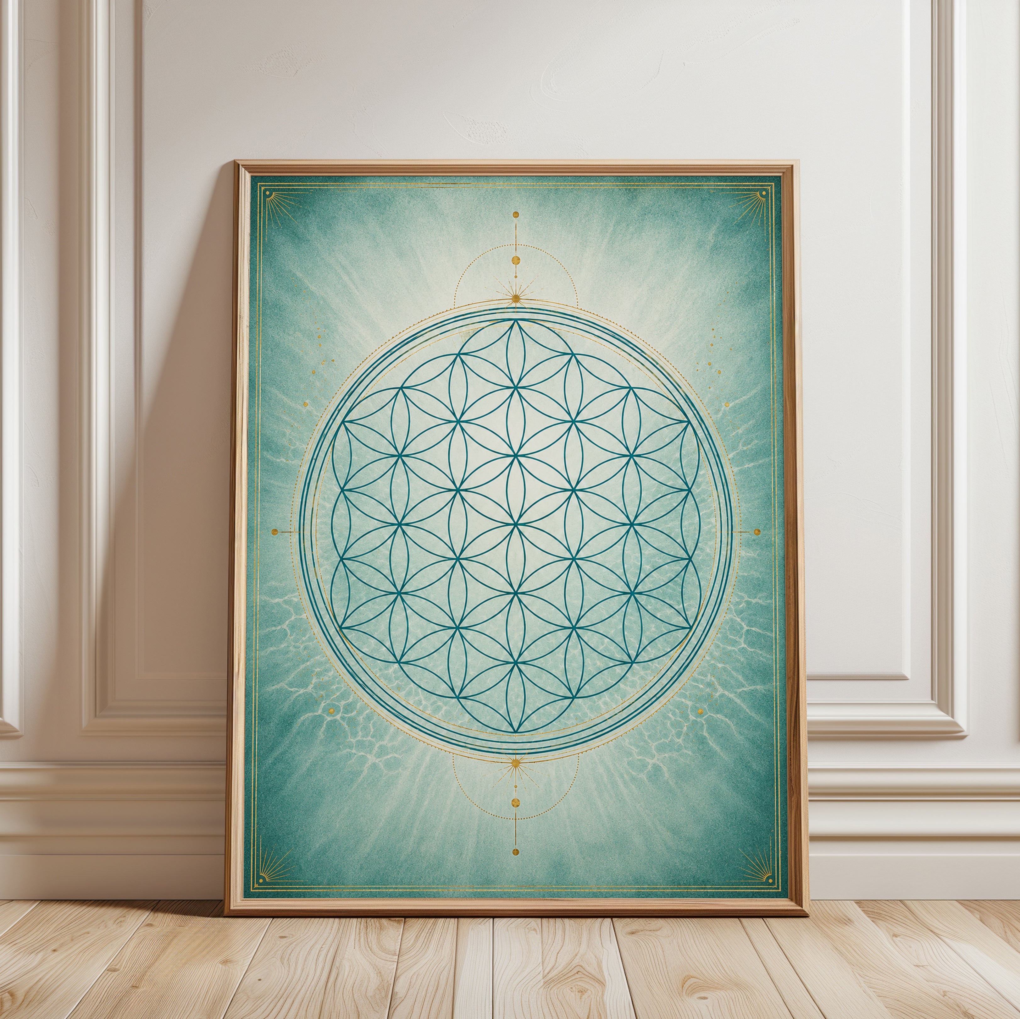 Flower of Life Mandala Print: Spiritual Wall Art (Teal & Gold) - framed detail