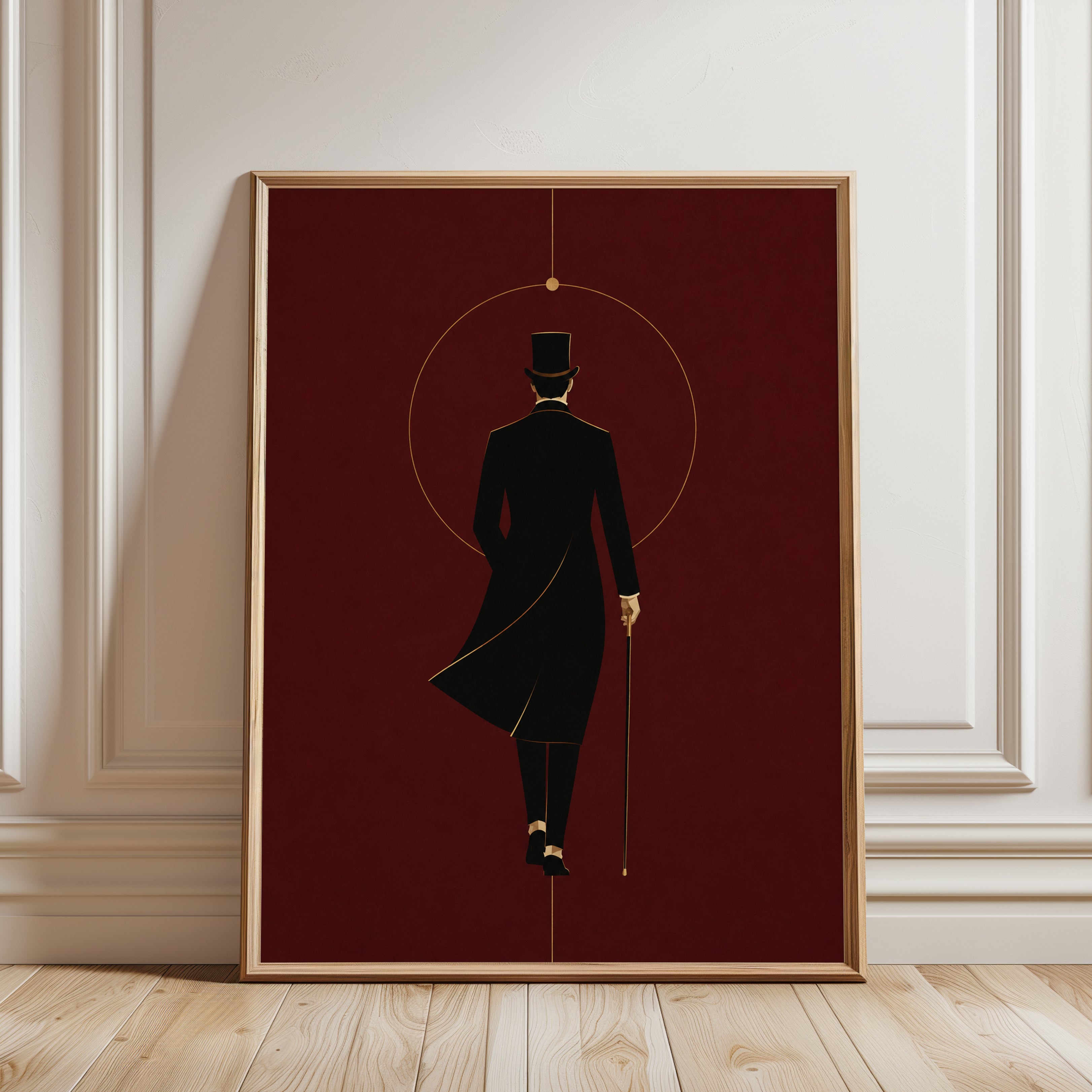 Victorian Gentleman Silhouette Art Print: Minimalist Red Noir - framed detail