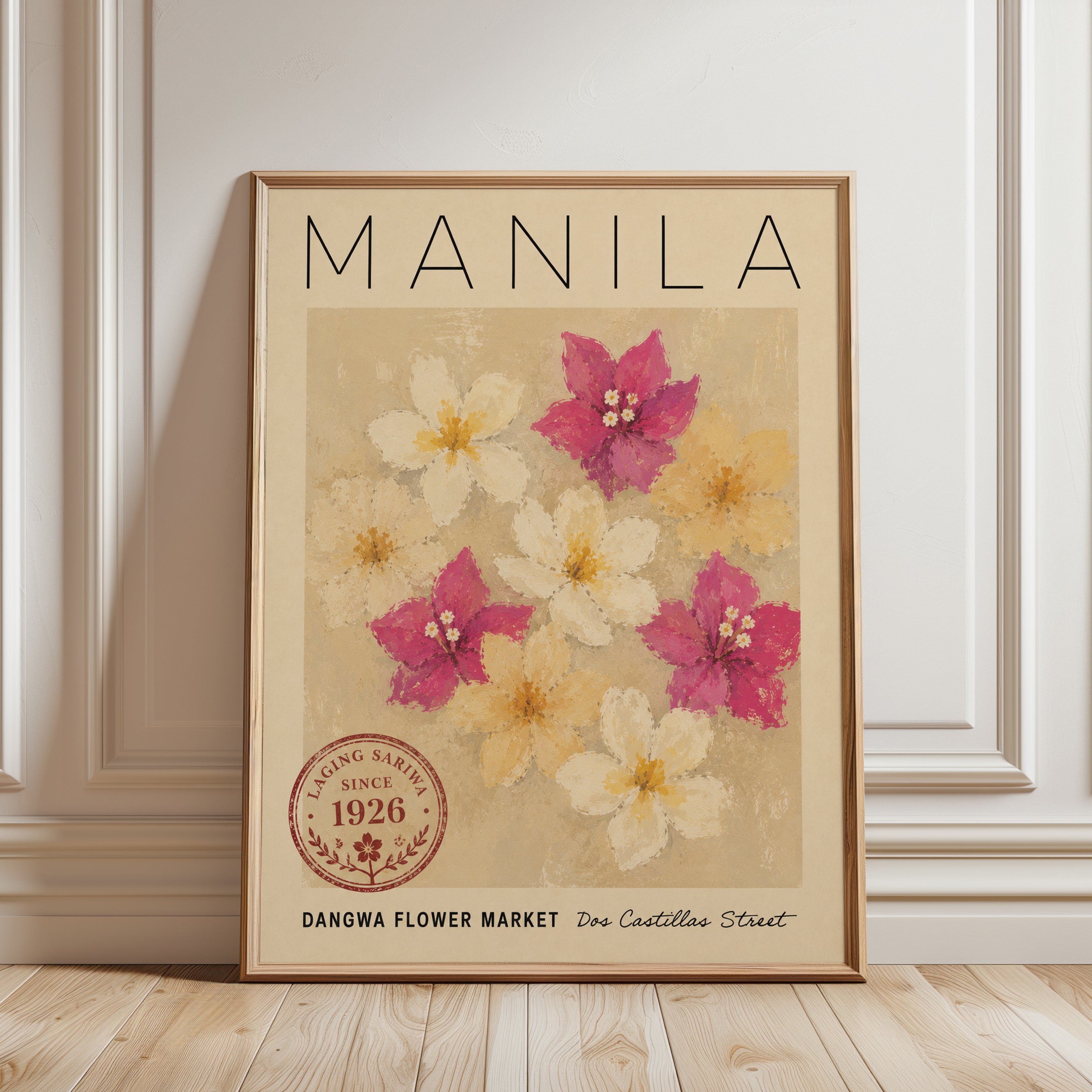 Manila Travel Poster – Vintage Floral Wall Art - framed detail