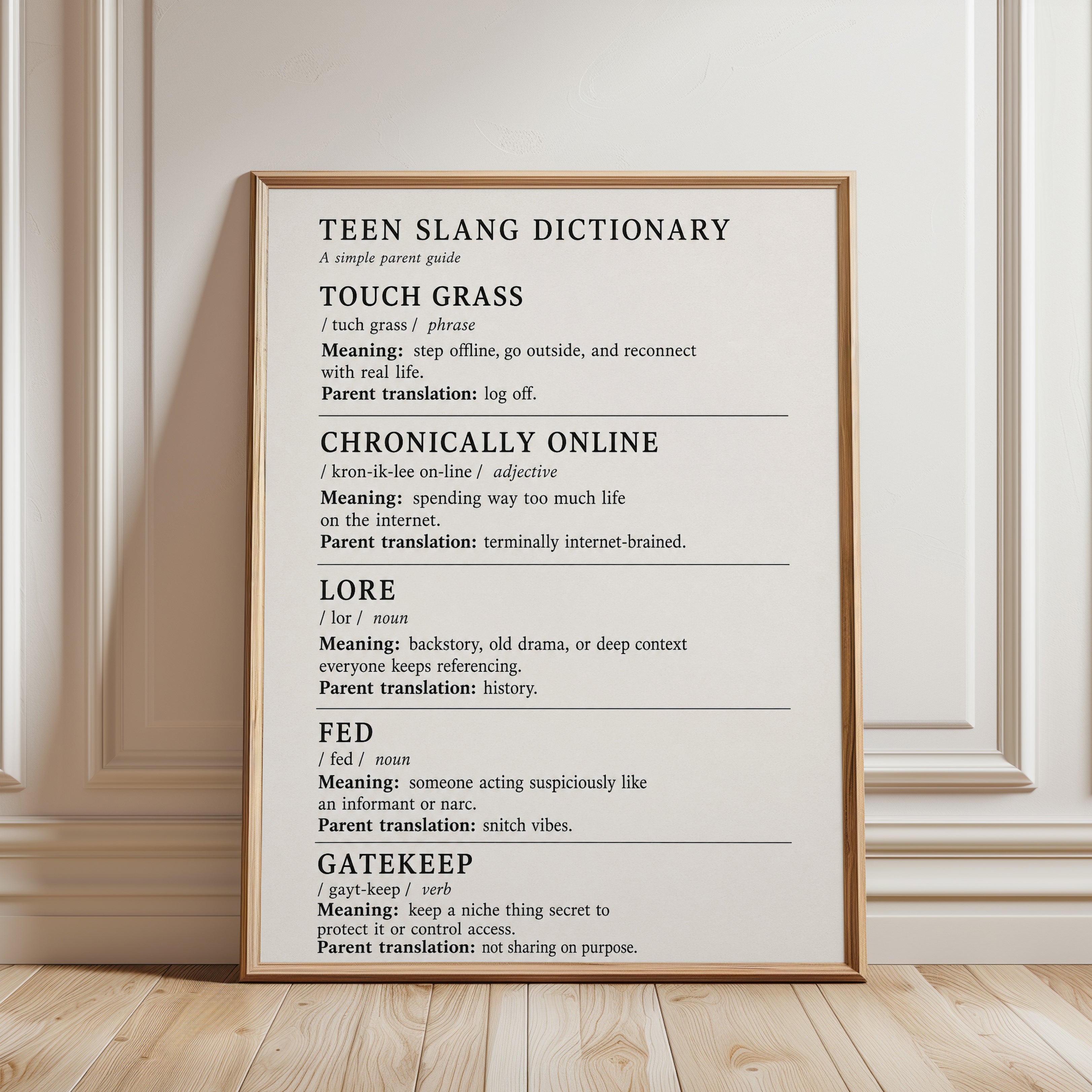 Teen Slang Dictionary Print: Minimalist Beige Typography Poster - framed detail