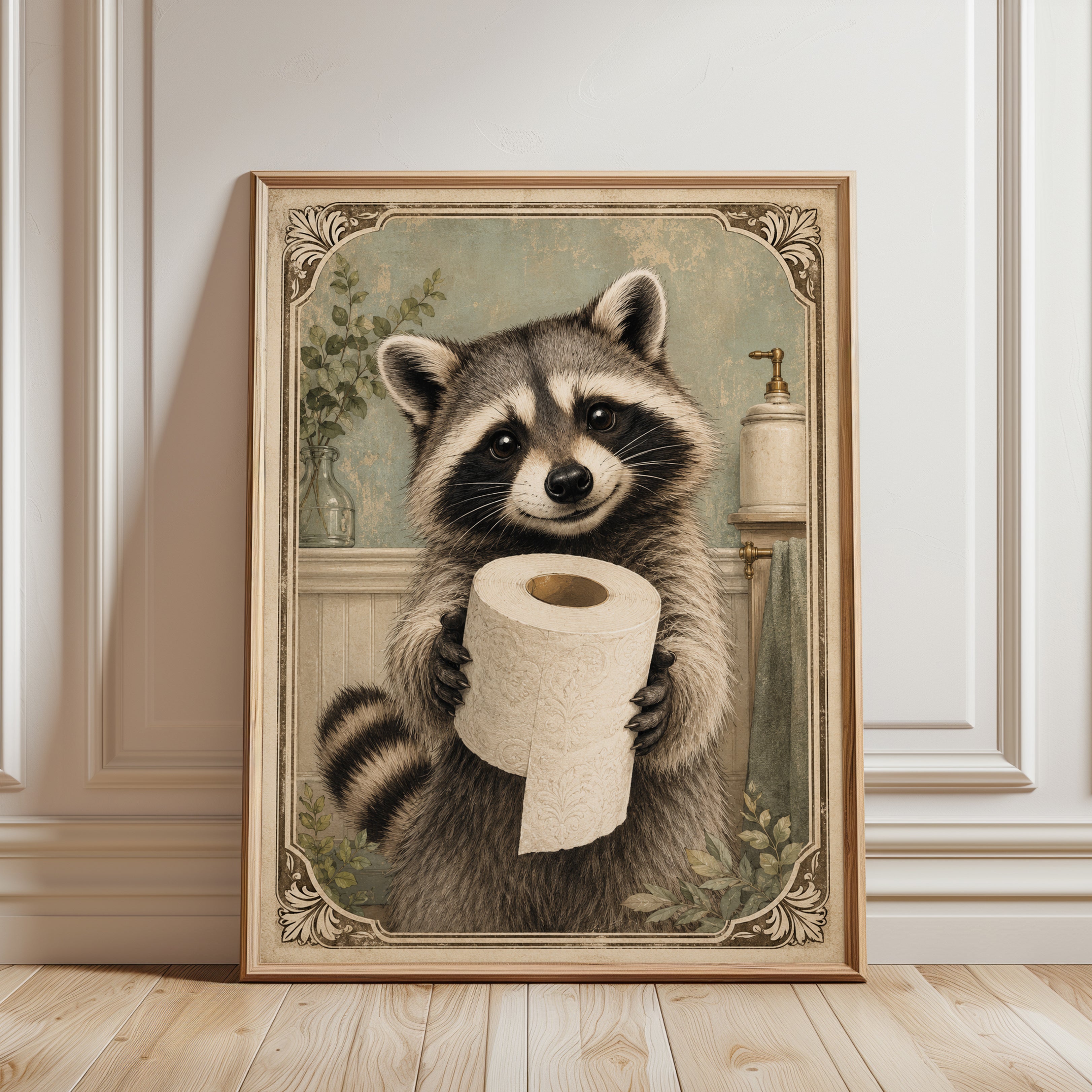 Raccoon Wall Art: Vintage Bathroom Animal - framed detail