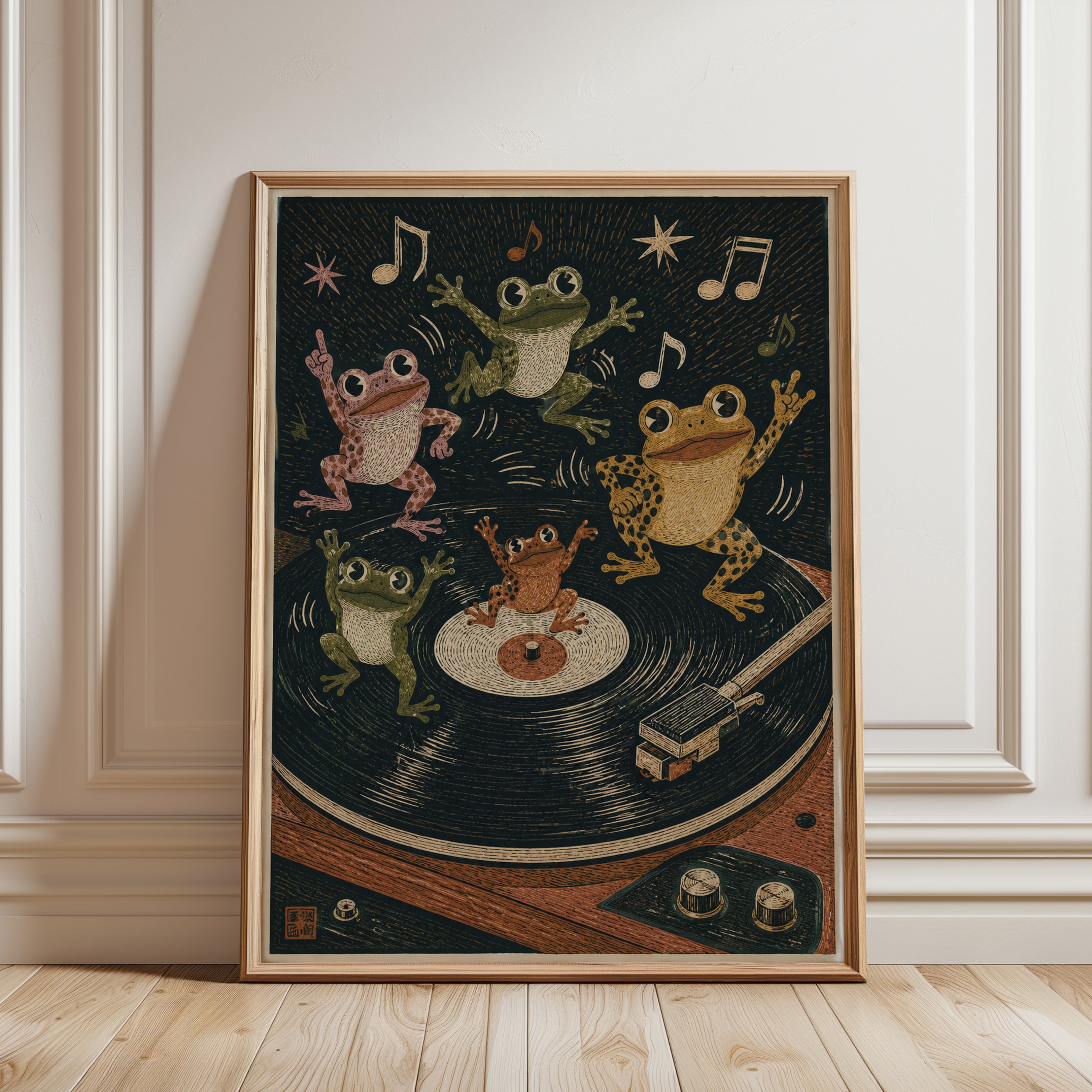 Frog Music Wall Art – Dancing Frogs Print - framed detail