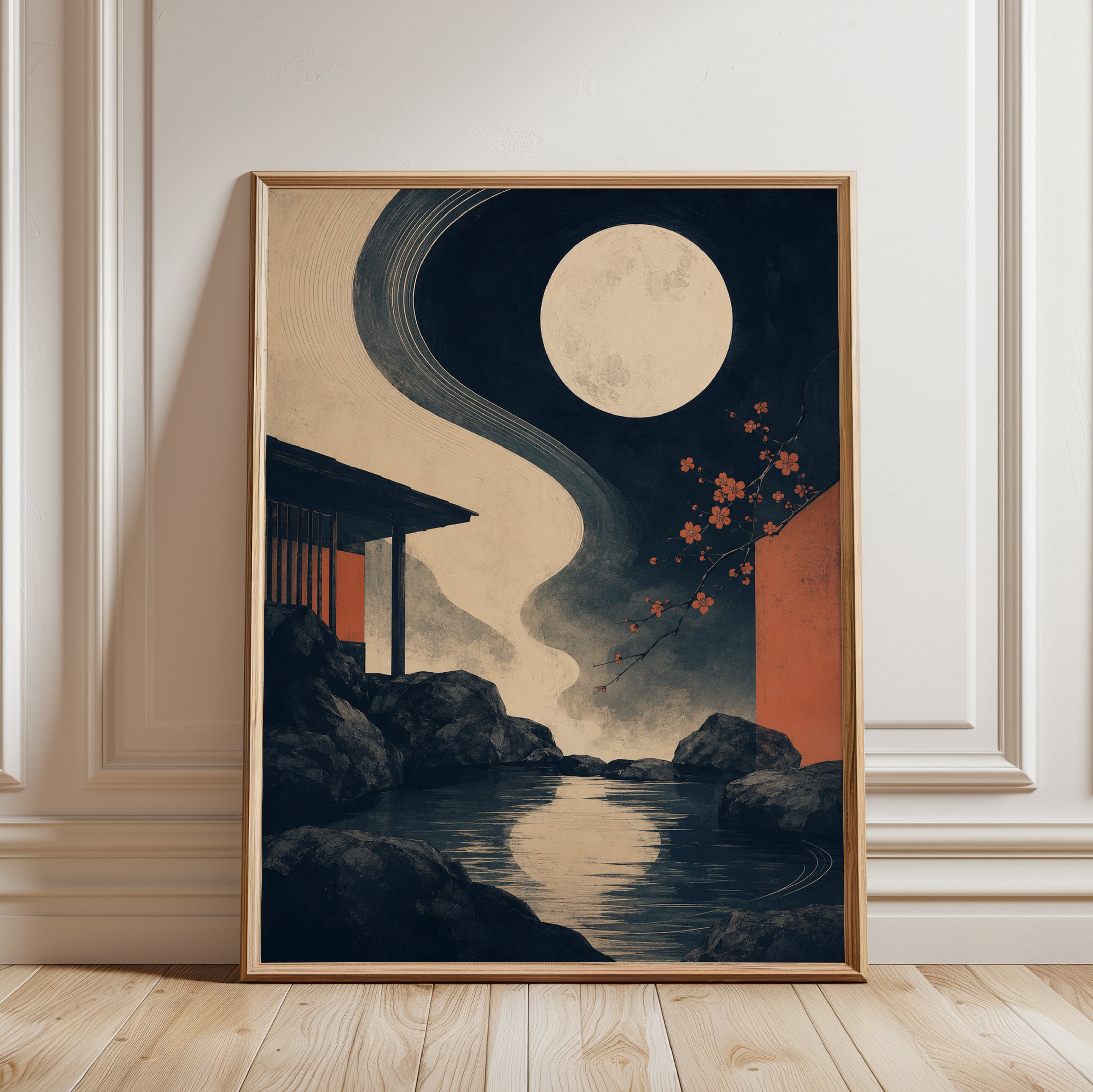 Japanese Wall Art – Moon and Cherry Blossom Print - framed detail