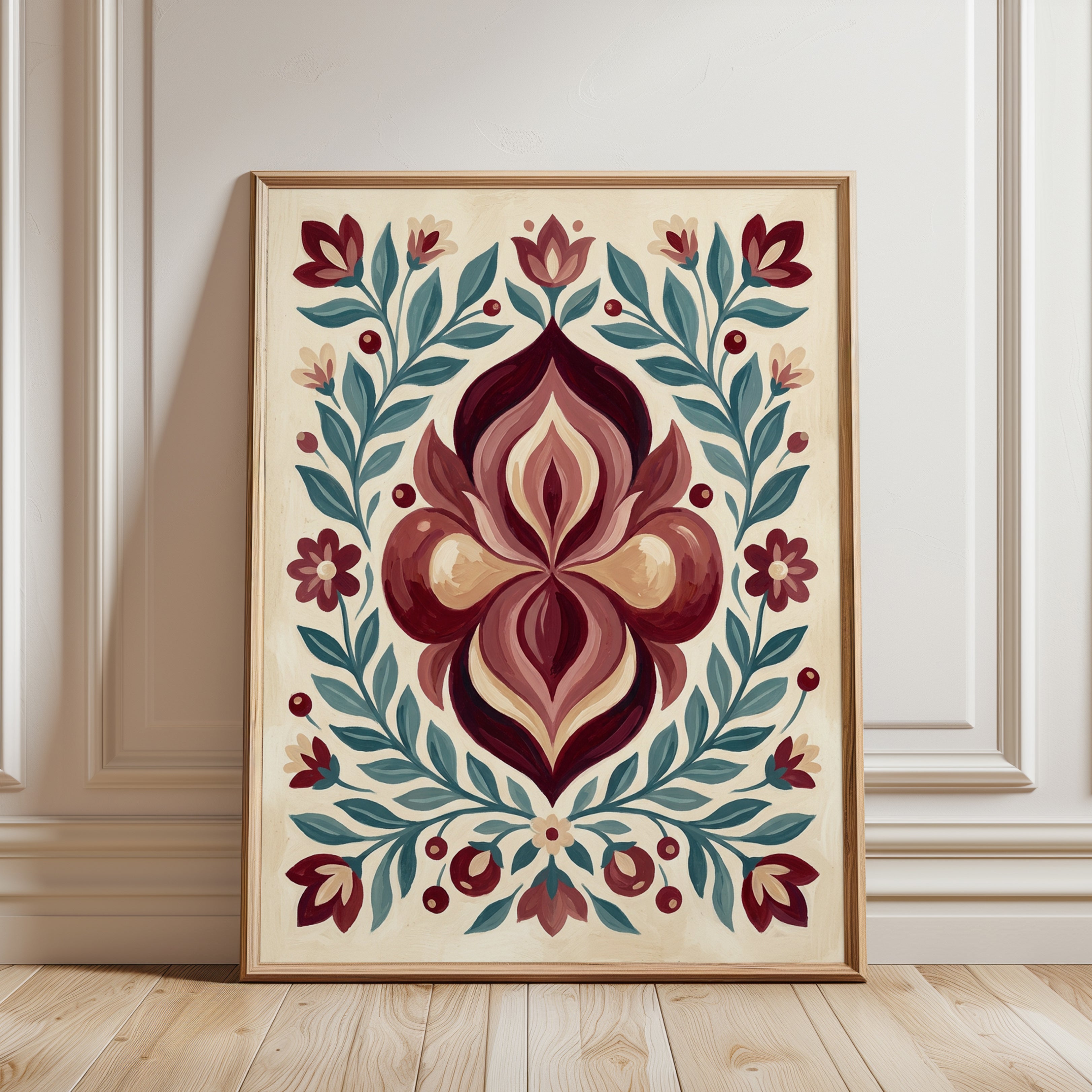 Folk Art Floral Print — Symmetrical Botanical Illustration - framed detail
