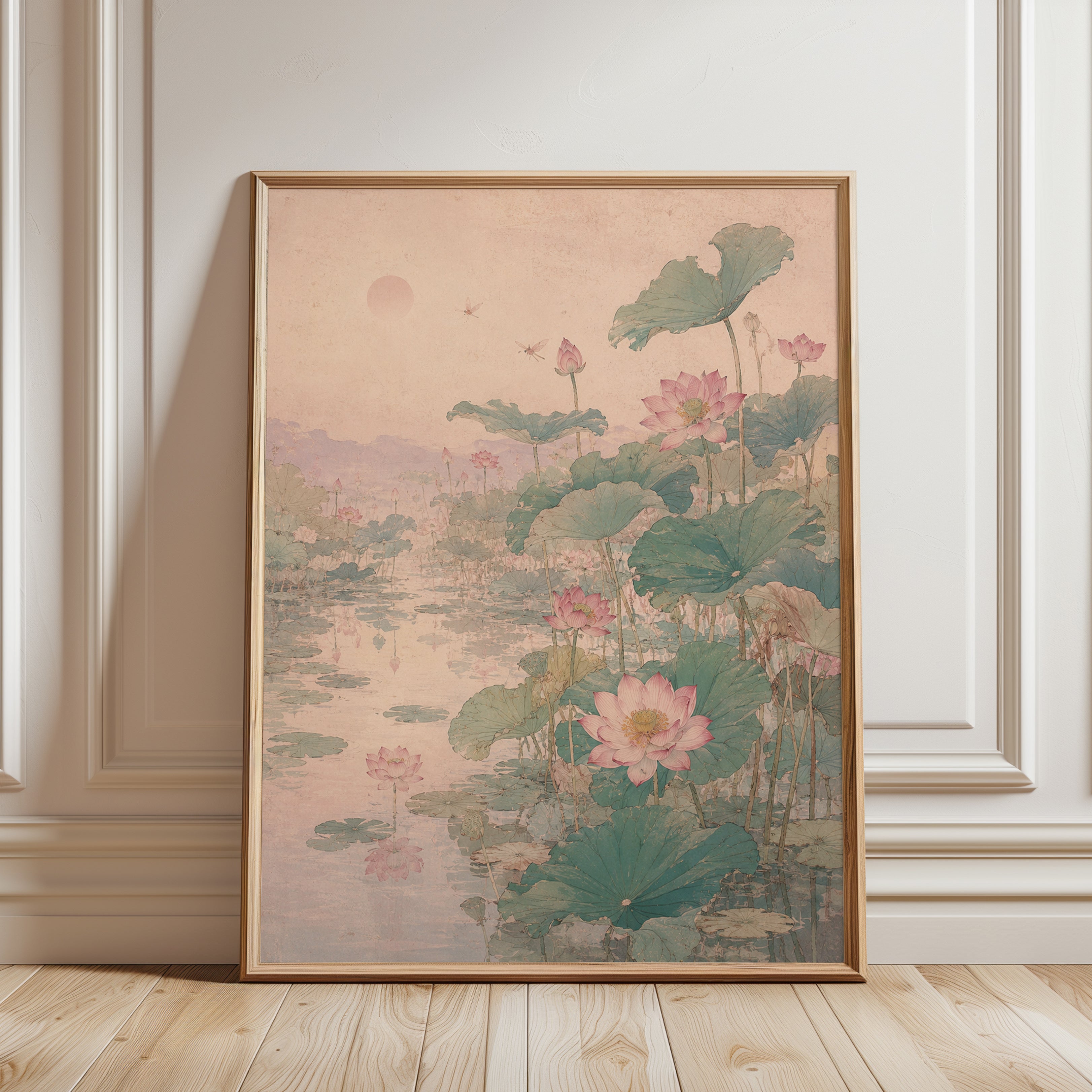 Lotus Pond Wall Art: Japanese Botanical Watercolor Print - framed detail
