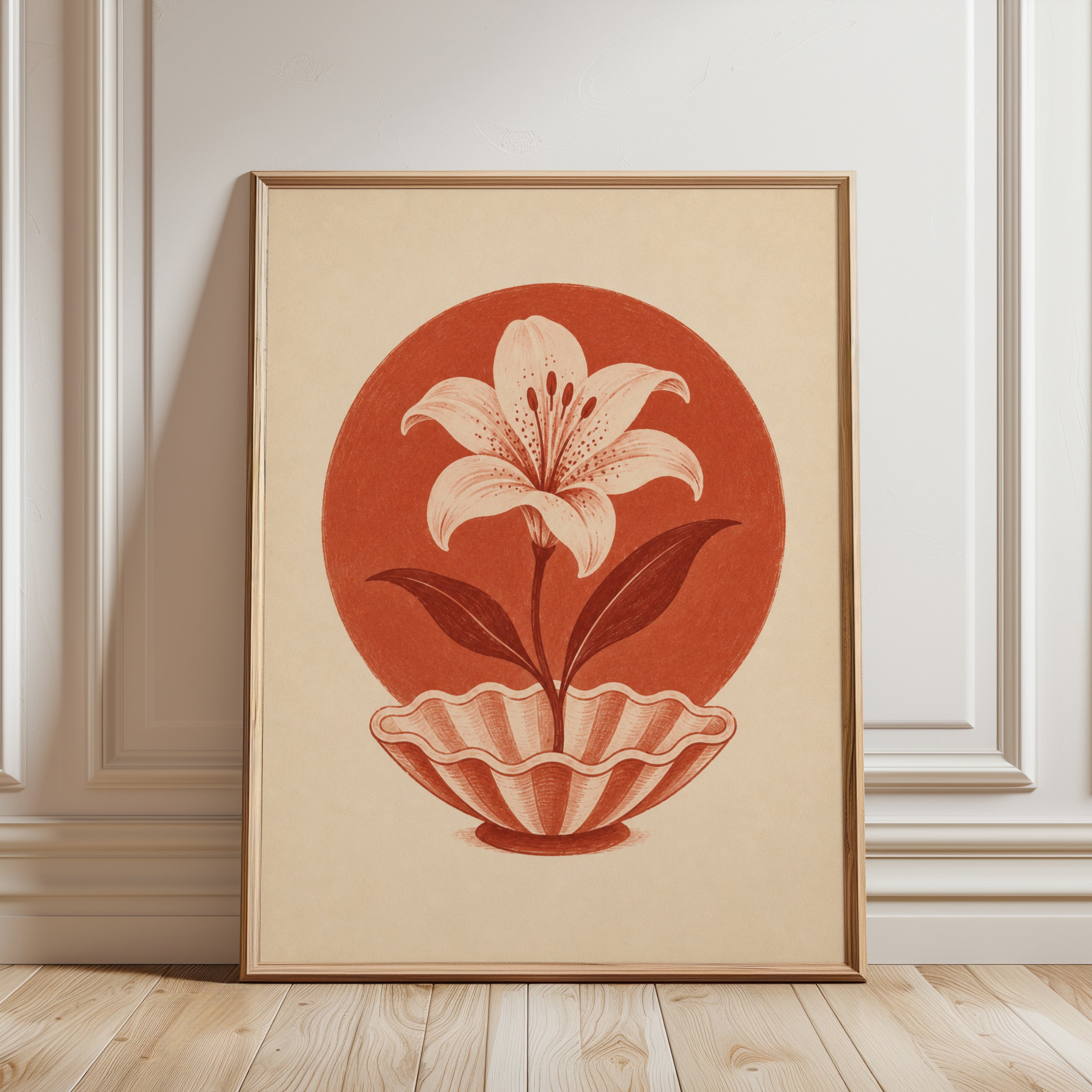 Lily Flower in Shell Art Print: Vintage Botanical Terracotta - framed detail