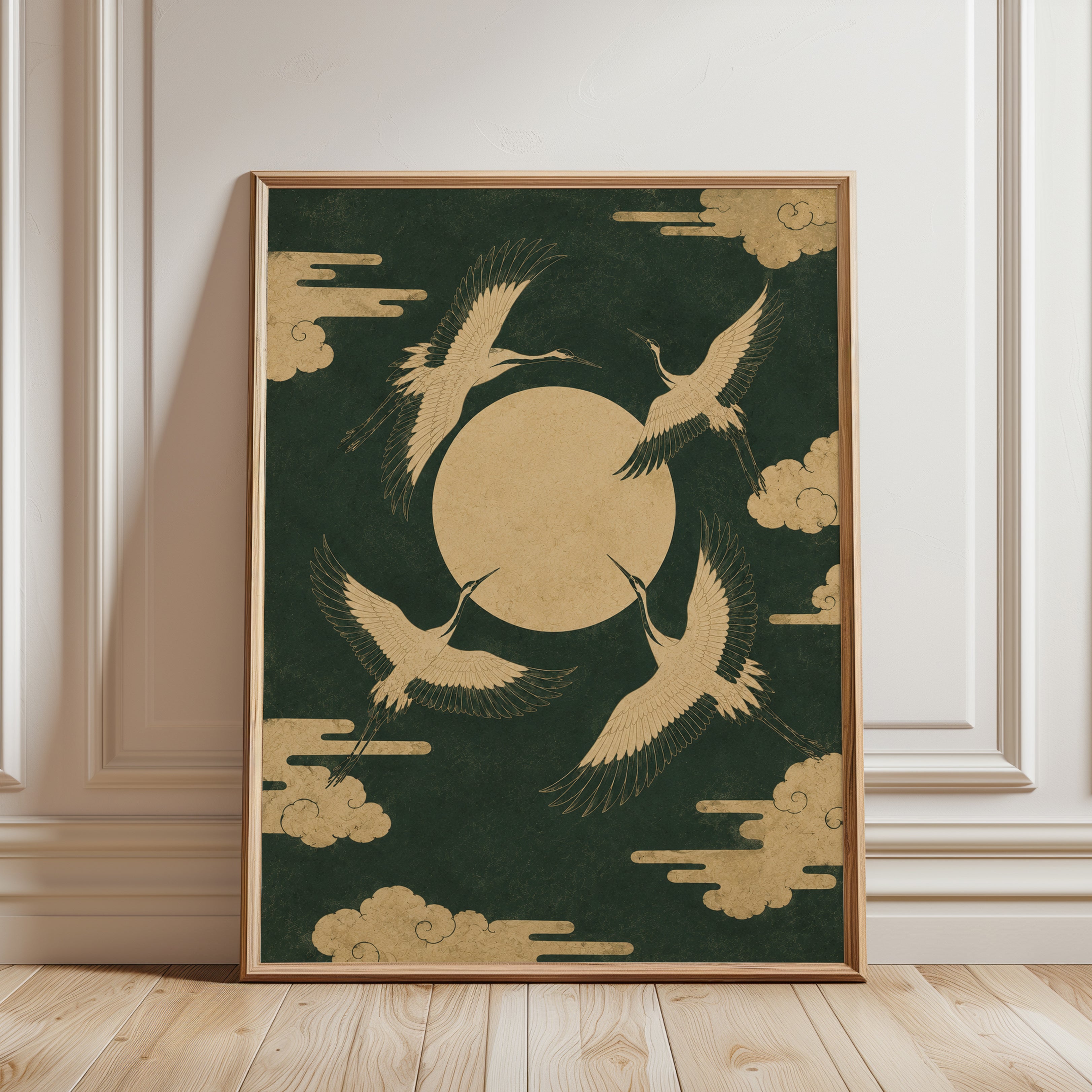Japanese Cranes and Moon Art Print: Traditional Gold Green Design - framed detail