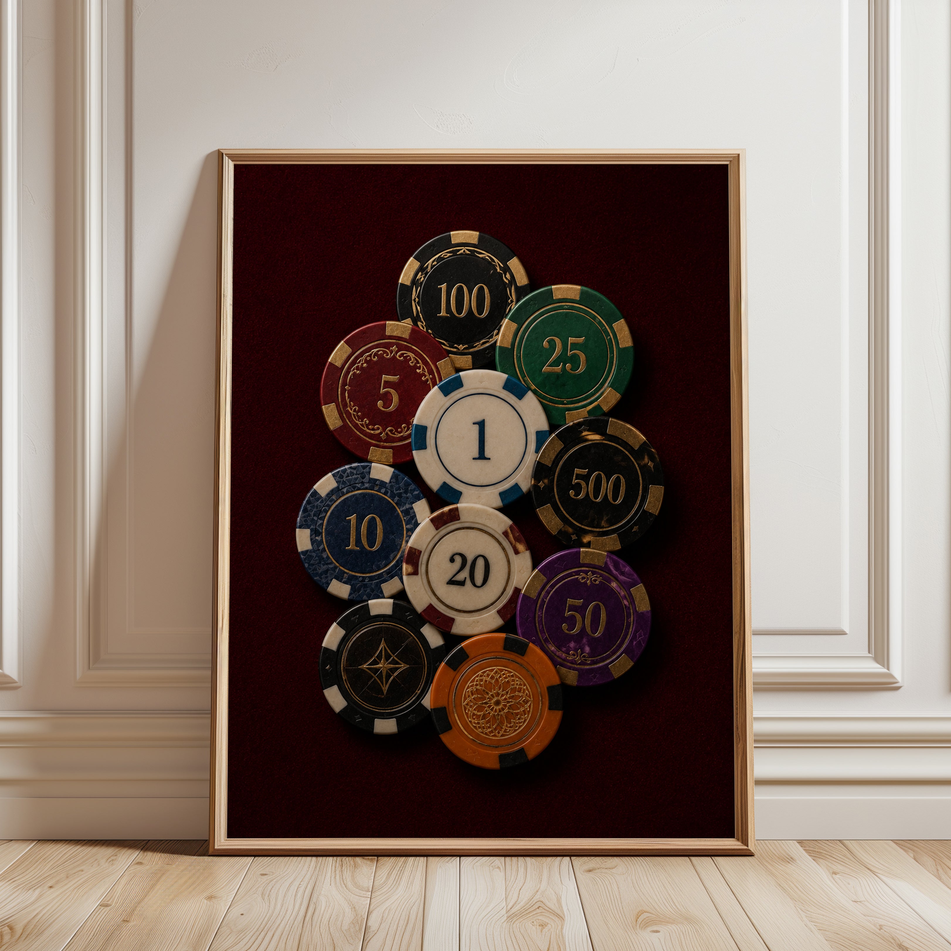 Casino Wall Art – Poker Chips Print - framed detail