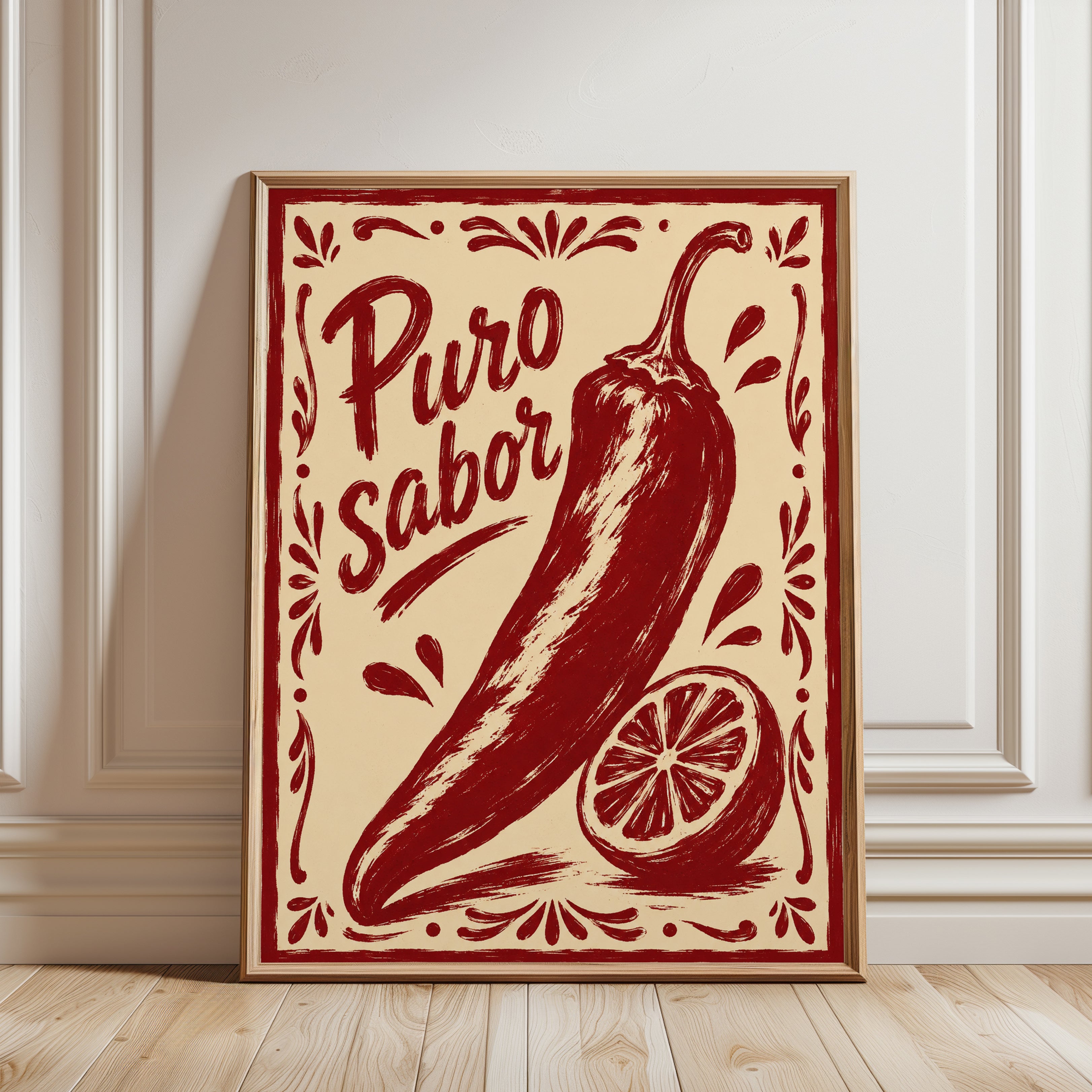 Puro Sabor Chili Pepper Poster: Vintage Mexican Folk Art Print - framed detail
