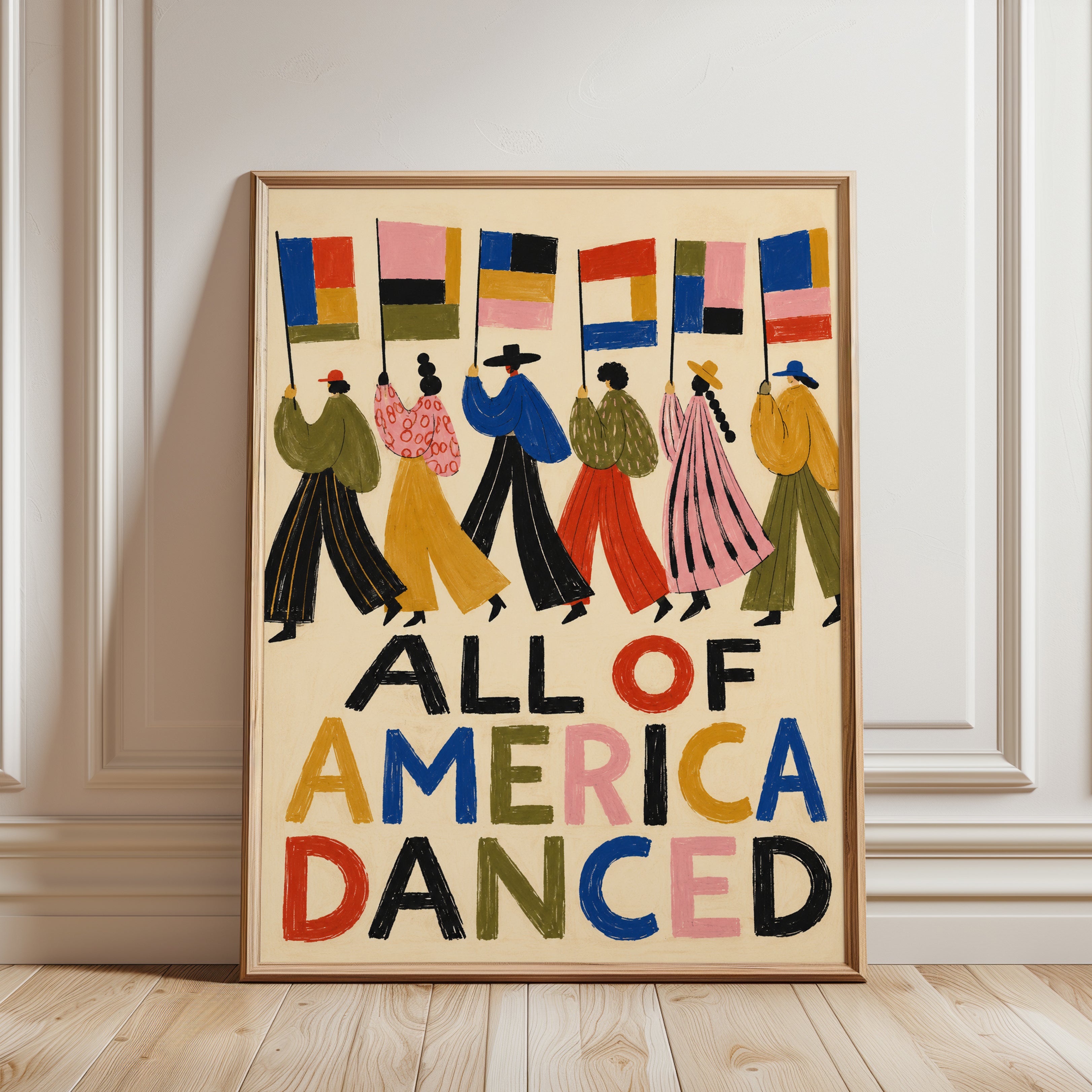 All of America Danced Print: Folk Art Parade with Colorful Flags - framed detail