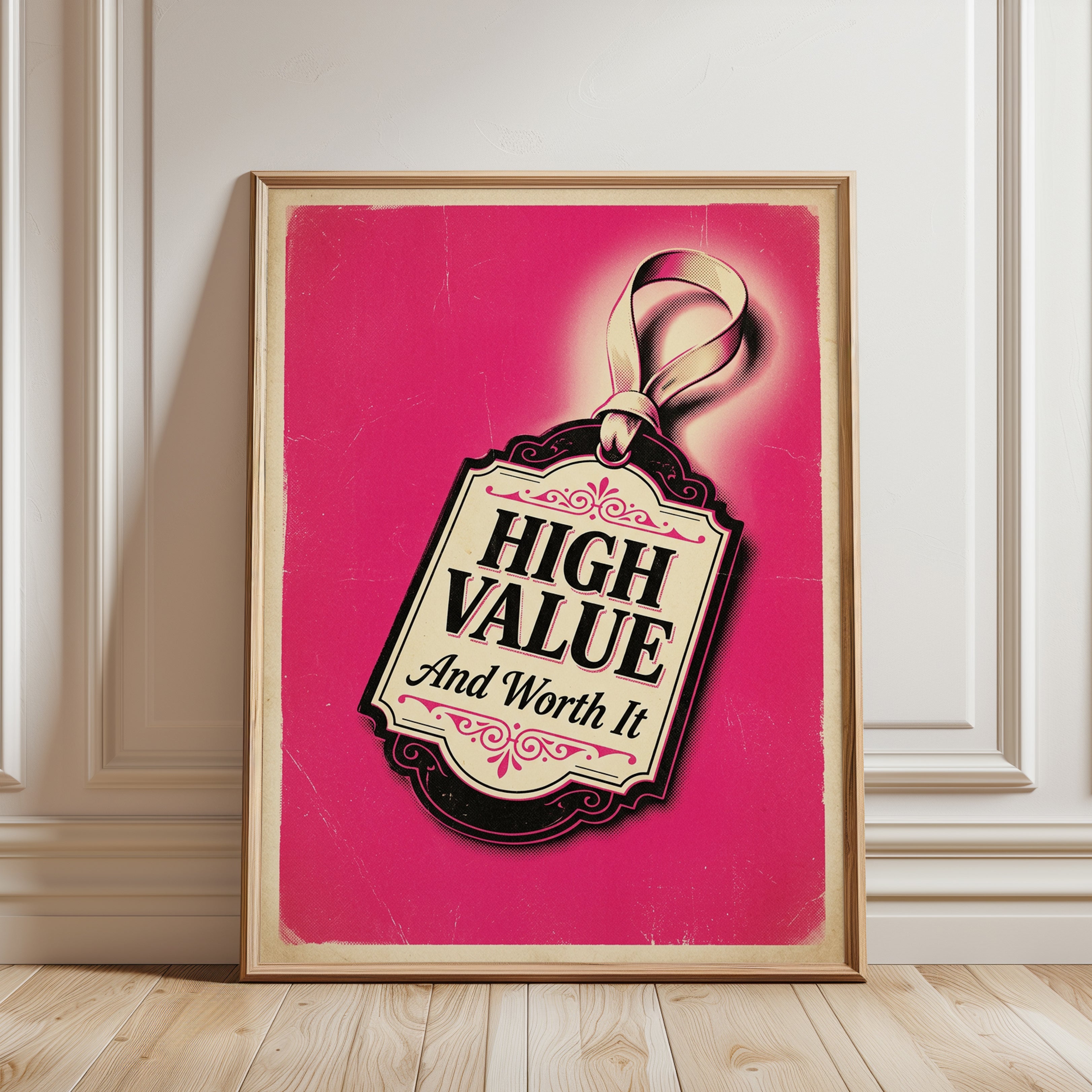 High Value Price Tag Art Print: Retro Pink Typography Poster - framed detail