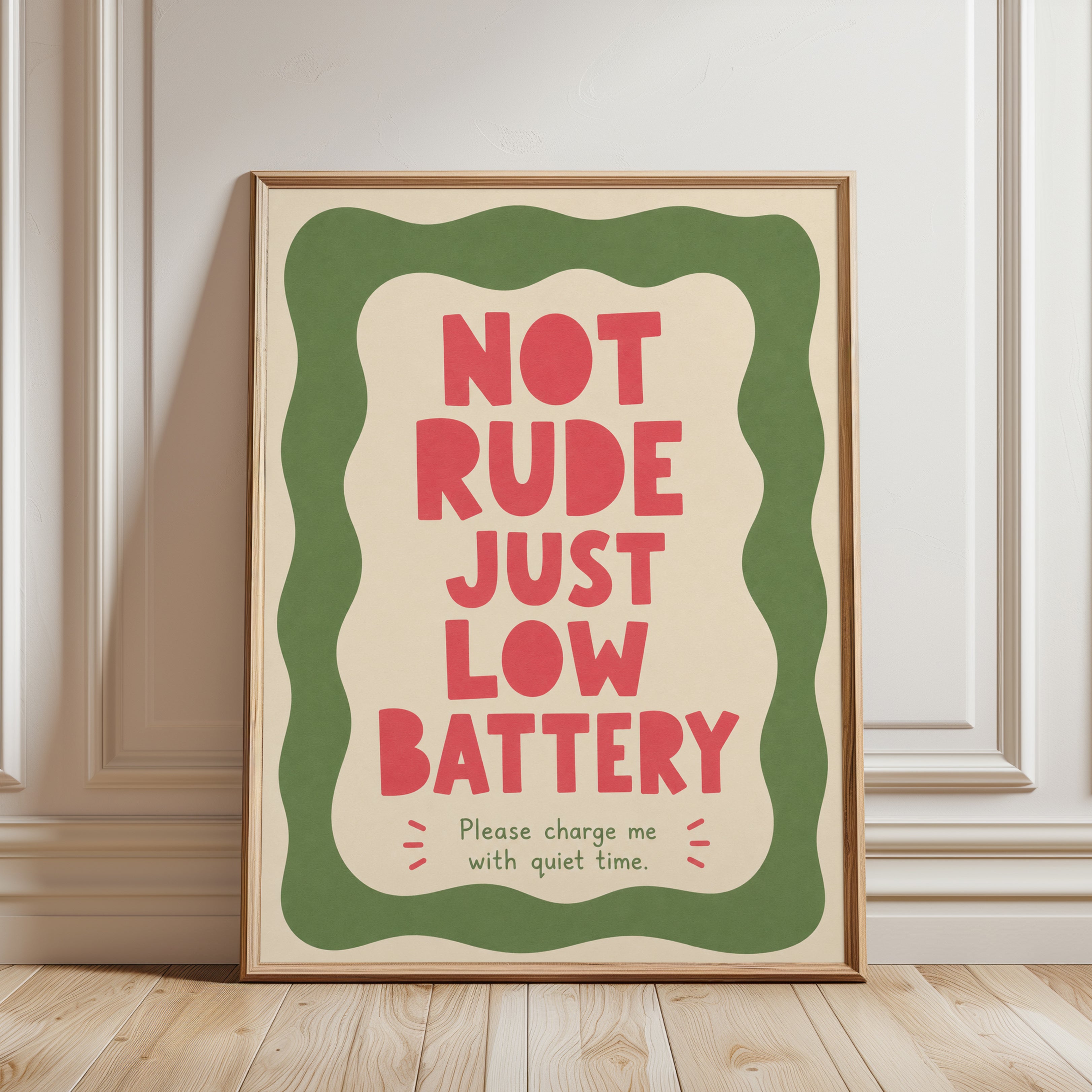 Not Rude Just Low Battery Print: Funny Retro Wall Art - framed detail