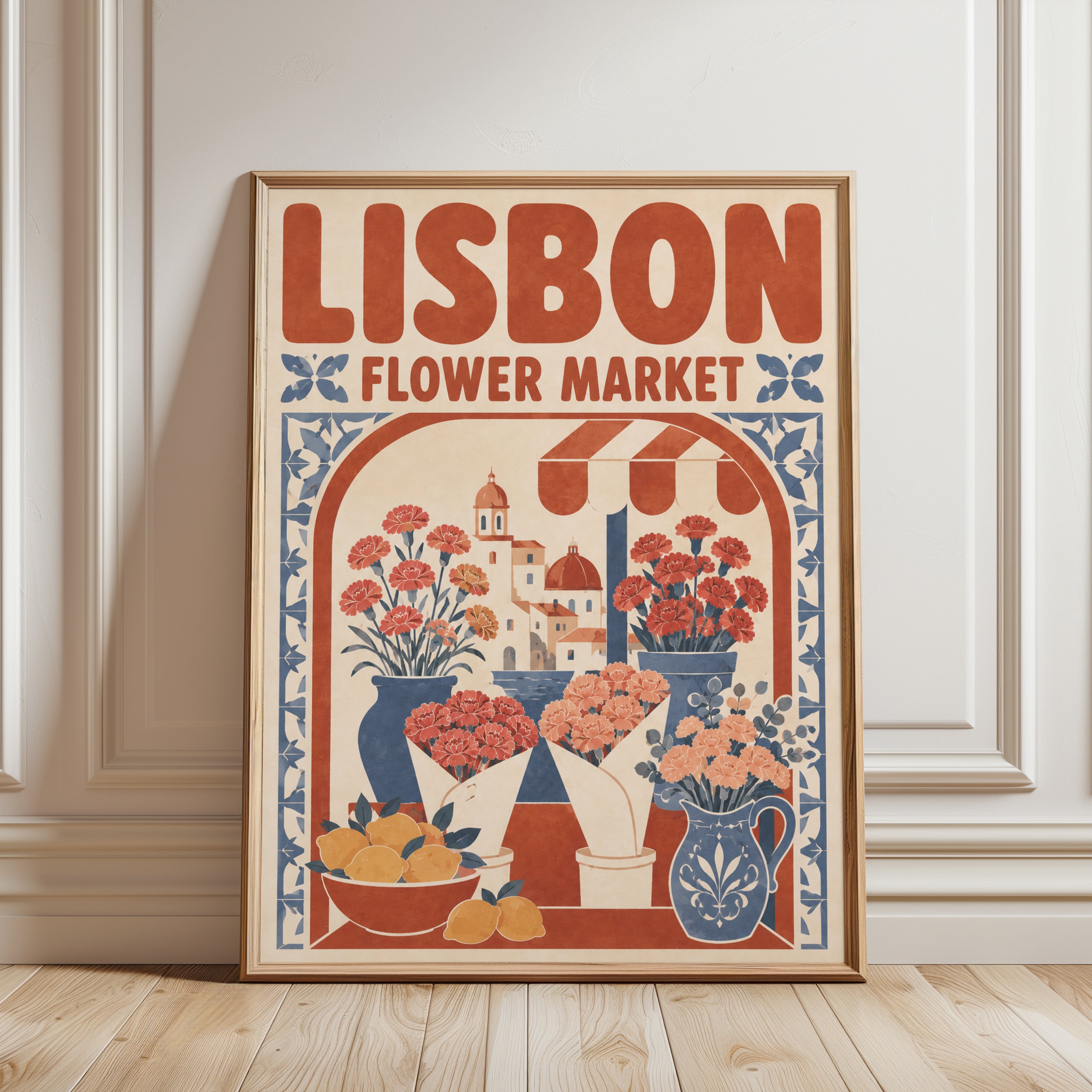 Flower Market Wall Art: Lisbon Travel Poster (Terracotta & Blue Tones) - framed detail