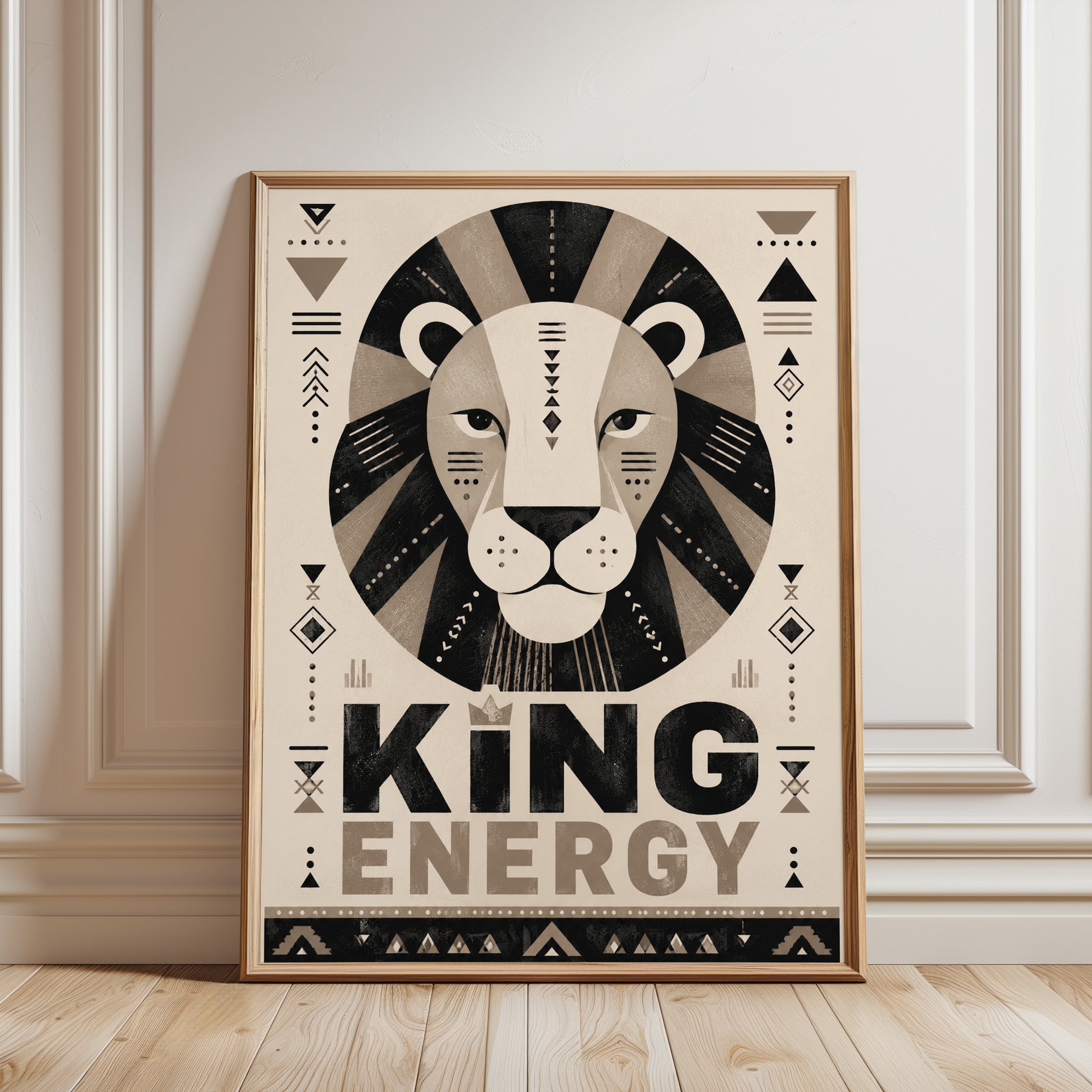 Art Deco Lion Print: Geometric Black and Beige King Energy Poster - framed detail