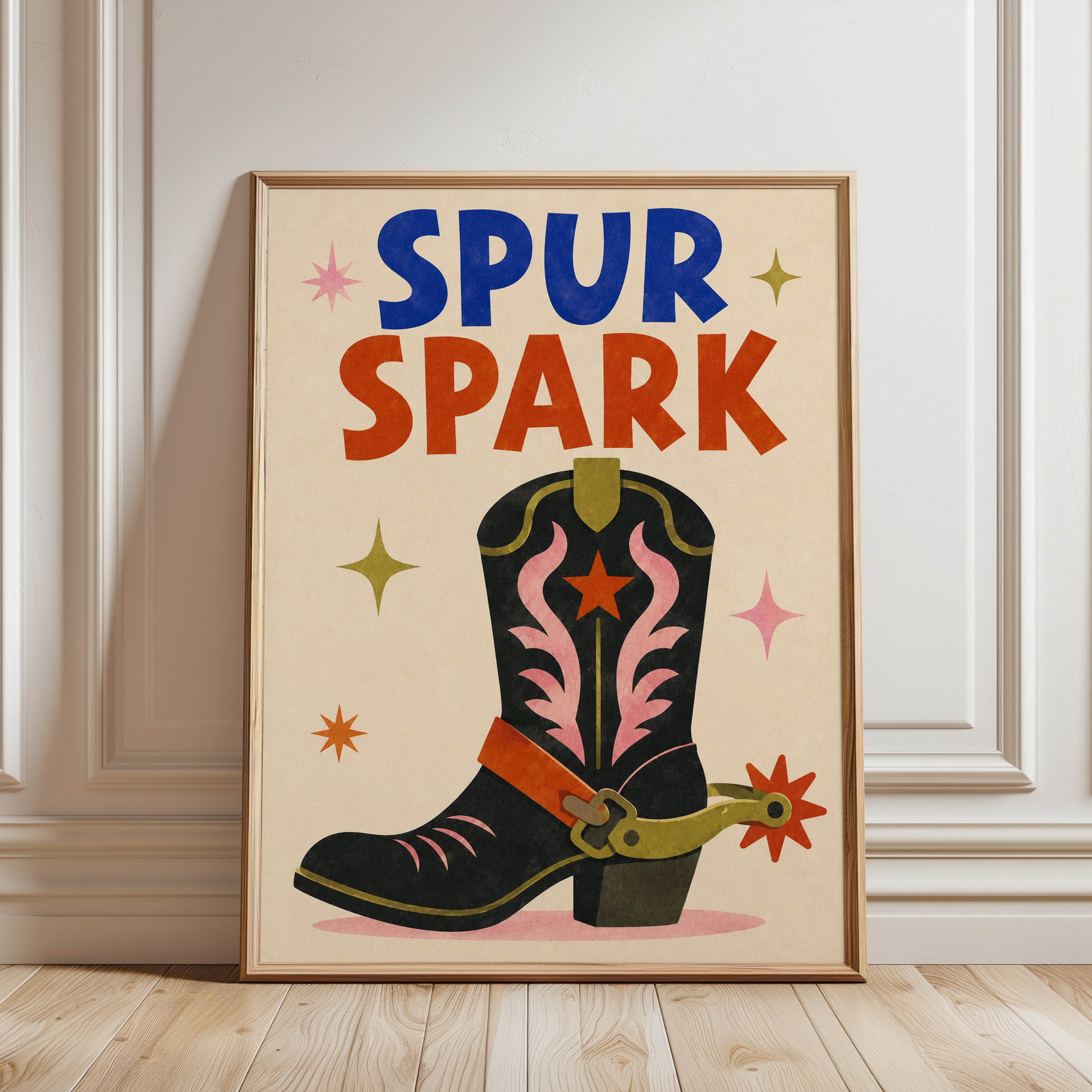Spur Spark Cowboy Boot Print: Retro Western Typography Poster - framed detail