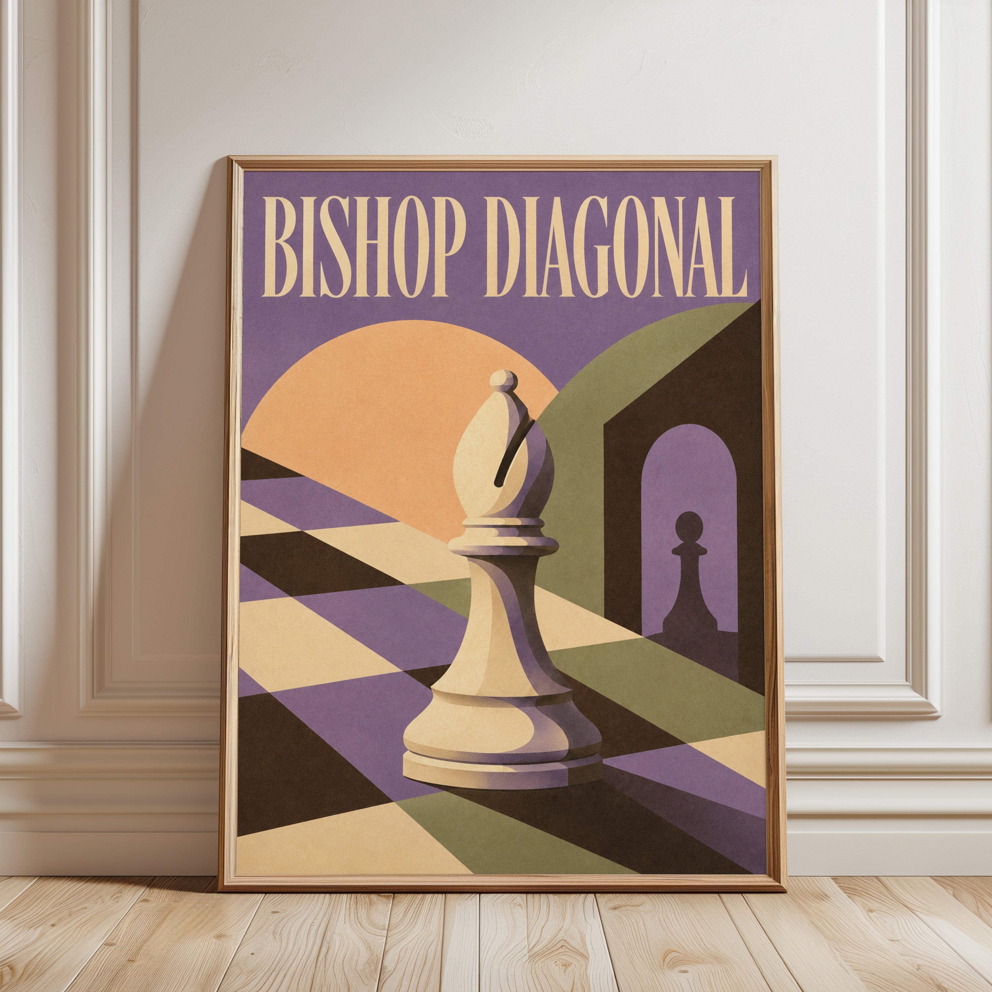Chess Bishop Diagonal Print — Art Deco Geometric Design - framed detail