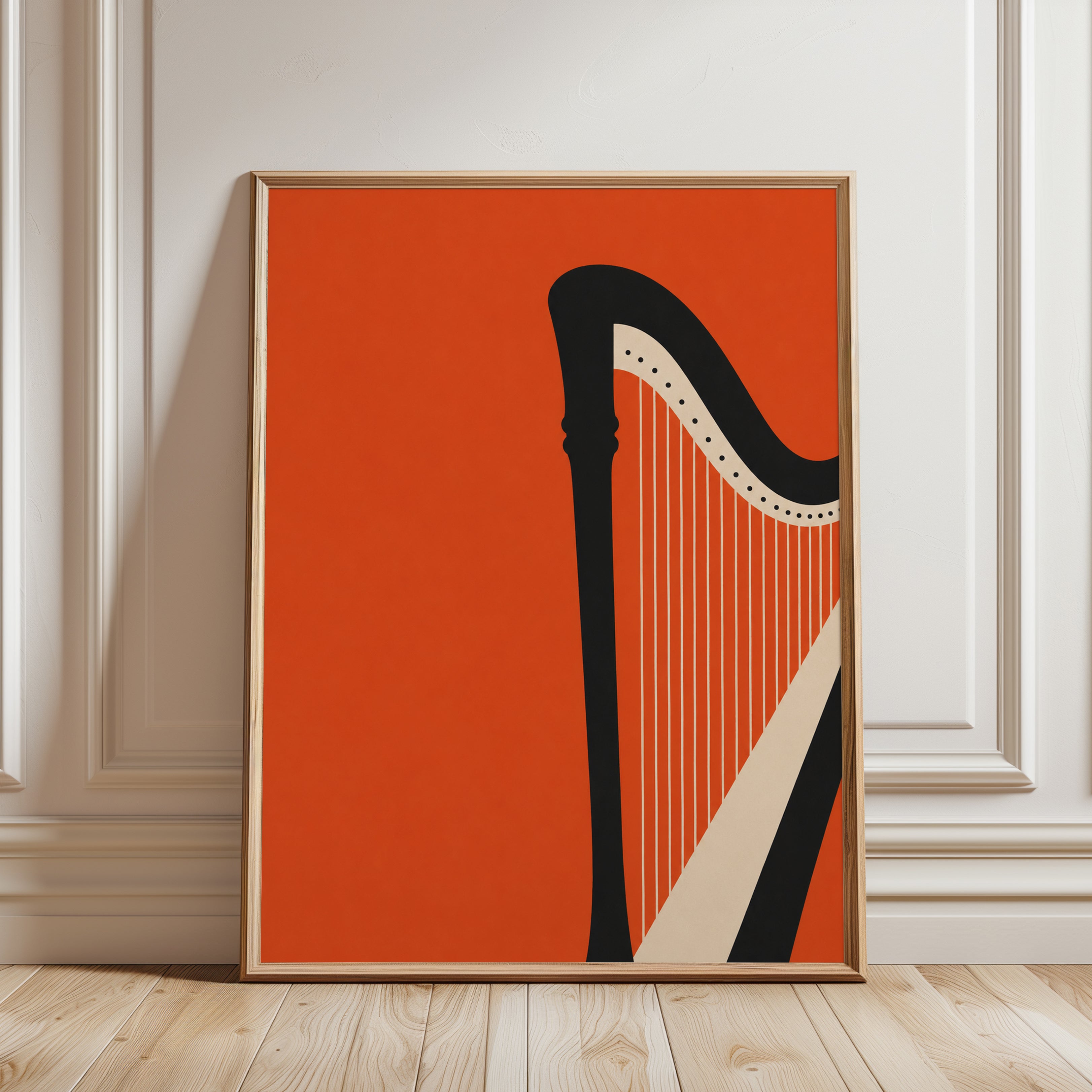 Harp Art Print: Minimalist Music Poster in Orange and Black - framed detail