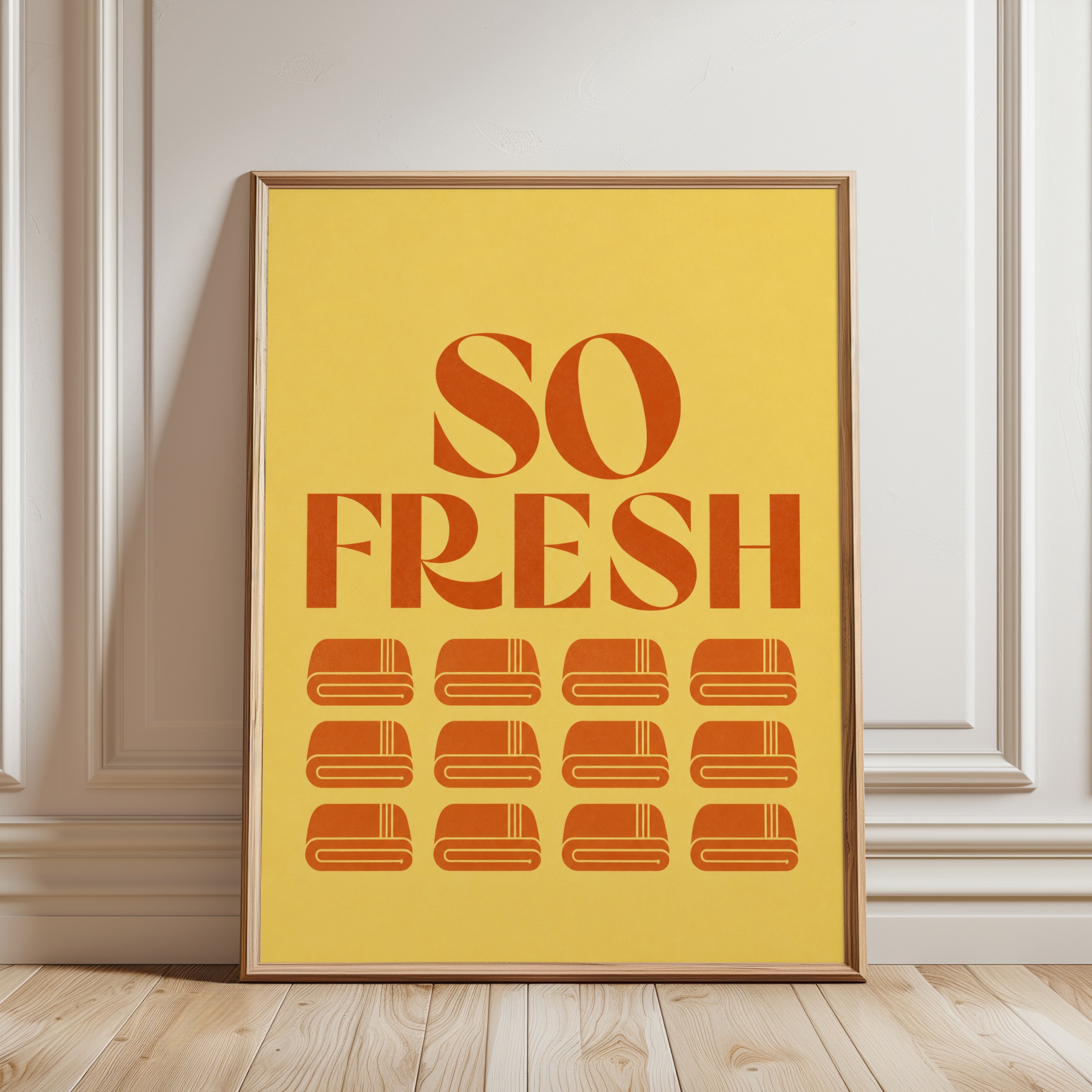 So Fresh Burger Print: Retro 70s Kitchen Decor (Yellow Orange Palette) - framed detail