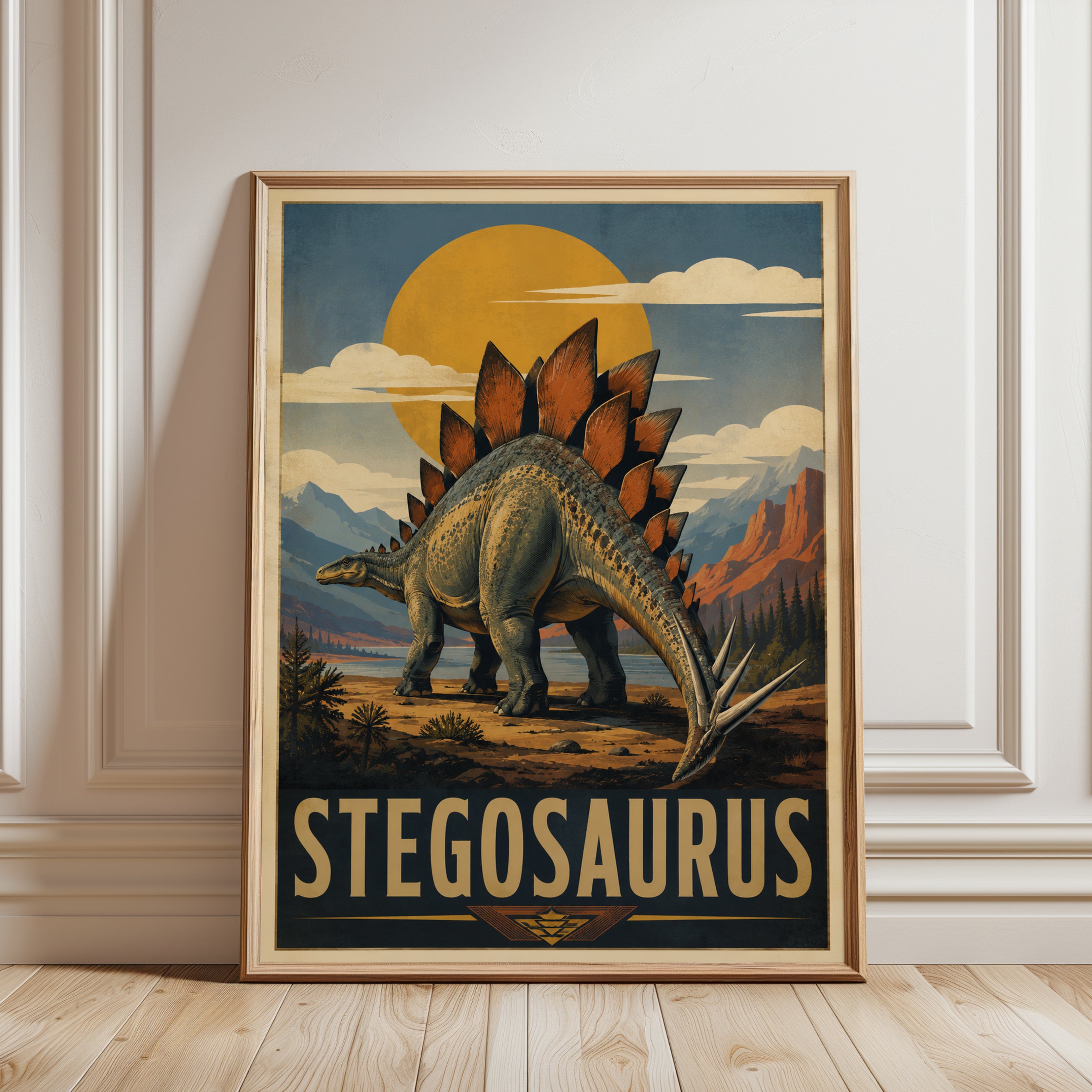 Stegosaurus Dinosaur Print: Vintage Travel Poster for Kids' Rooms - framed detail
