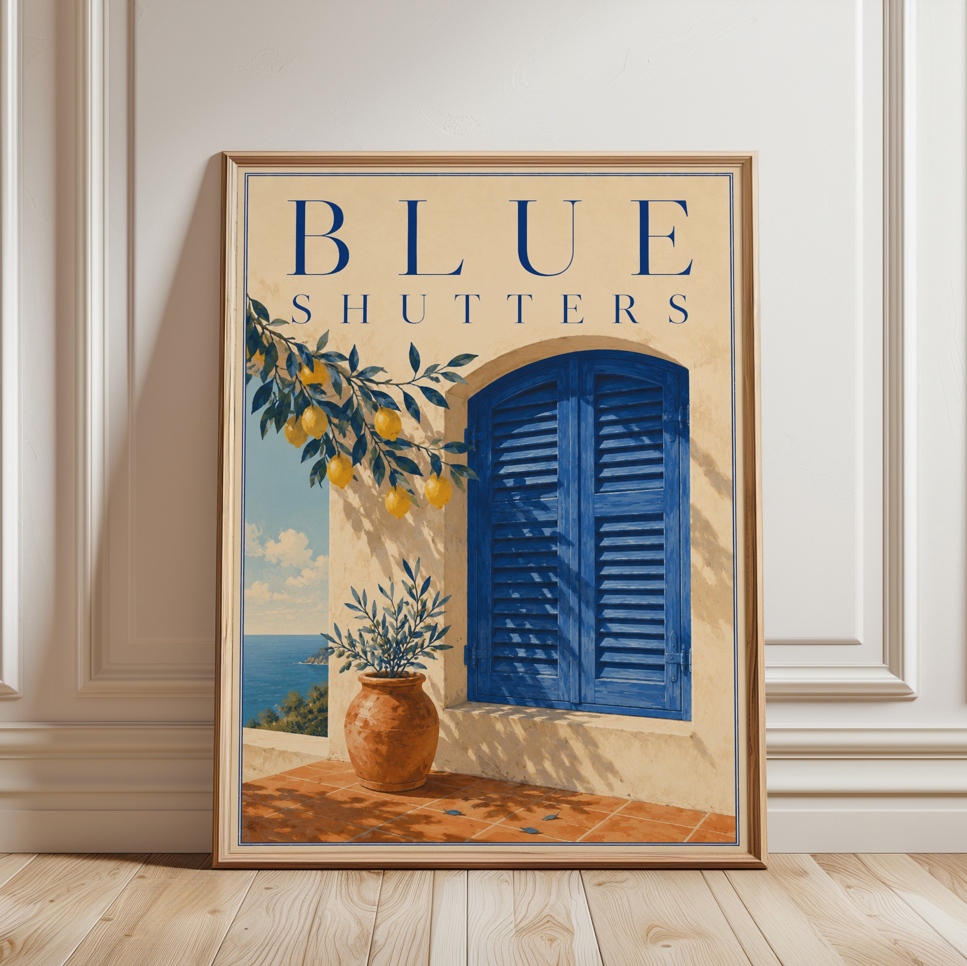 Mediterranean Blue Shutters Print: Coastal Village Wall Art - framed detail