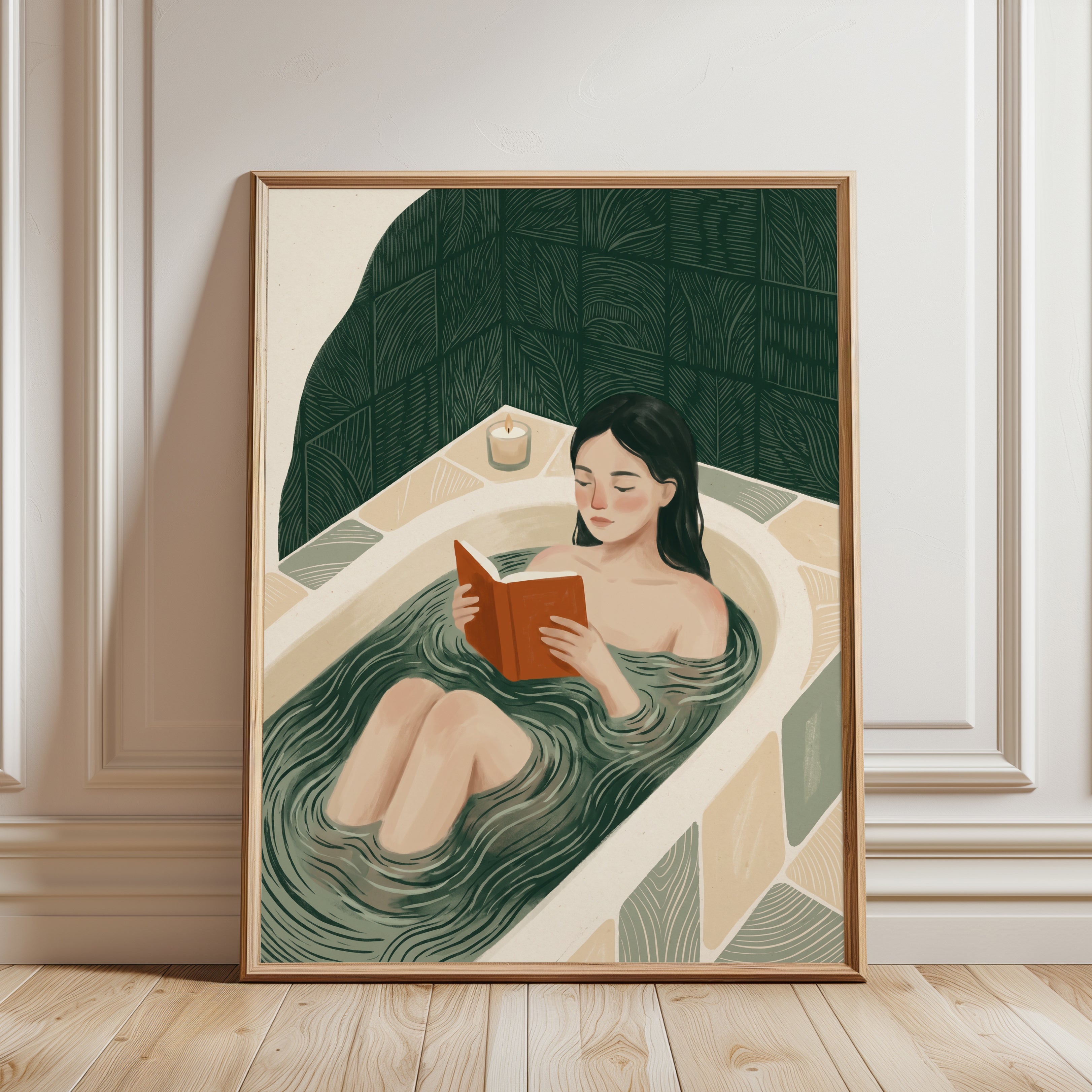 Relaxing Bath Art Print: Serene Green Botanical (Bathroom or Bedroom) - framed detail