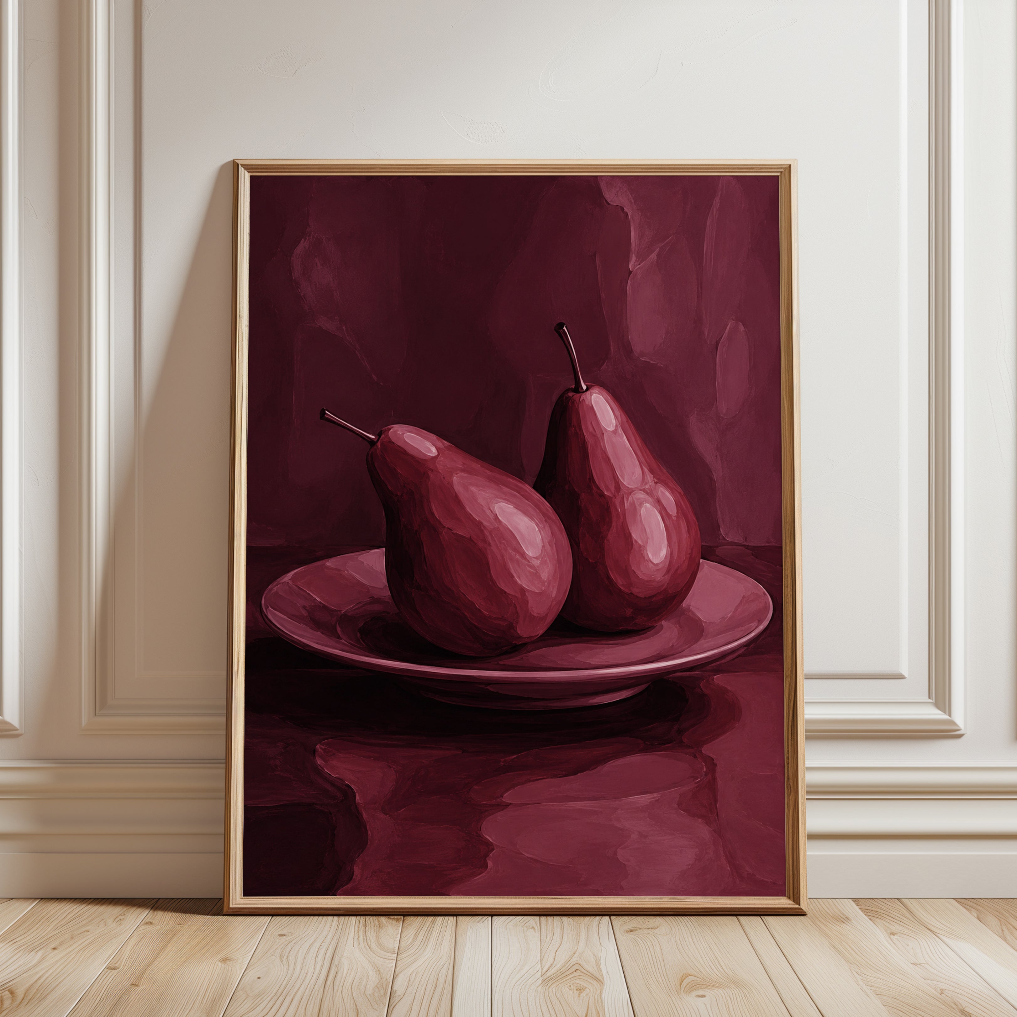 Monochromatic Pears Still Life: Burgundy Red Art Print - framed detail