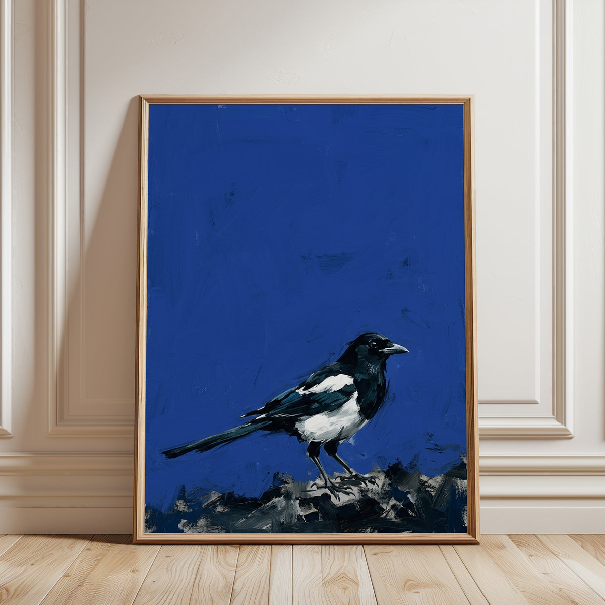 Magpie Bird Art Print – Bold Blue Background - framed detail