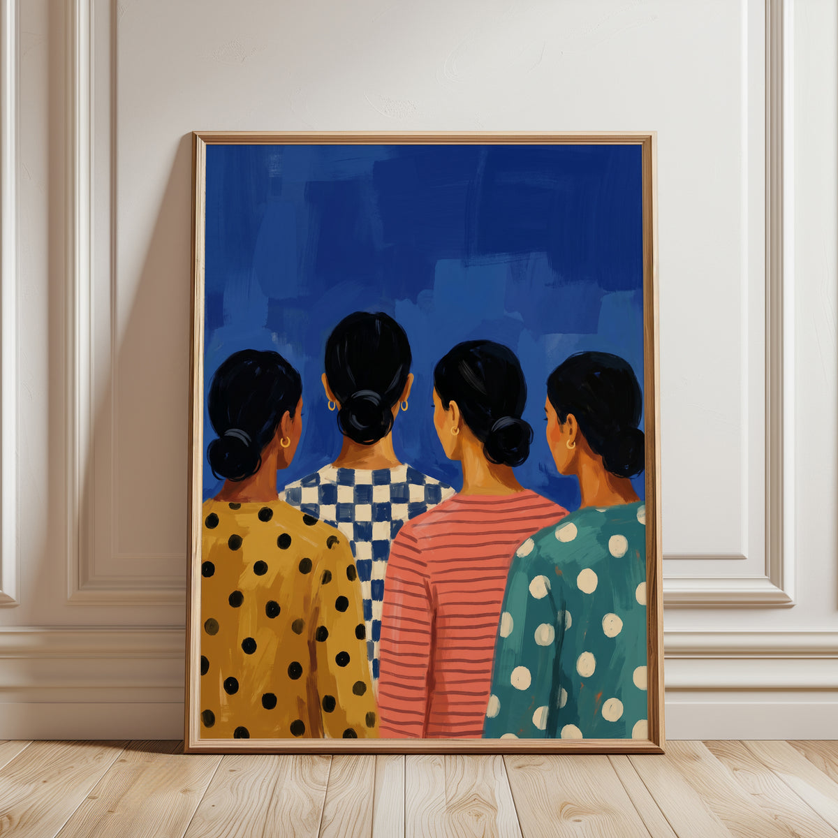 Figurative Women Print — Four Figures in Patterned Dresses - framed detail
