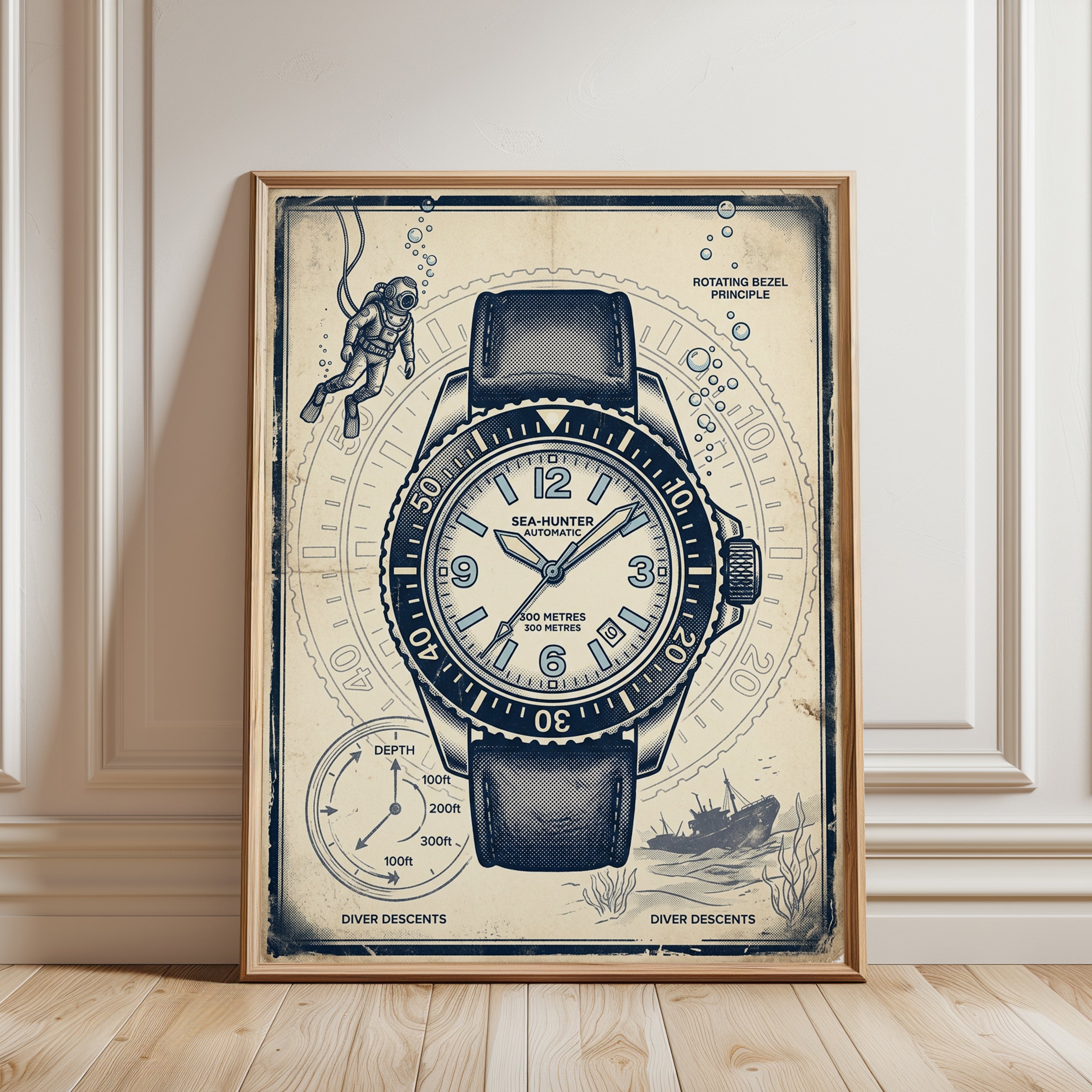 Vintage Dive Watch Technical Poster: Blueprint Illustration Art - framed detail