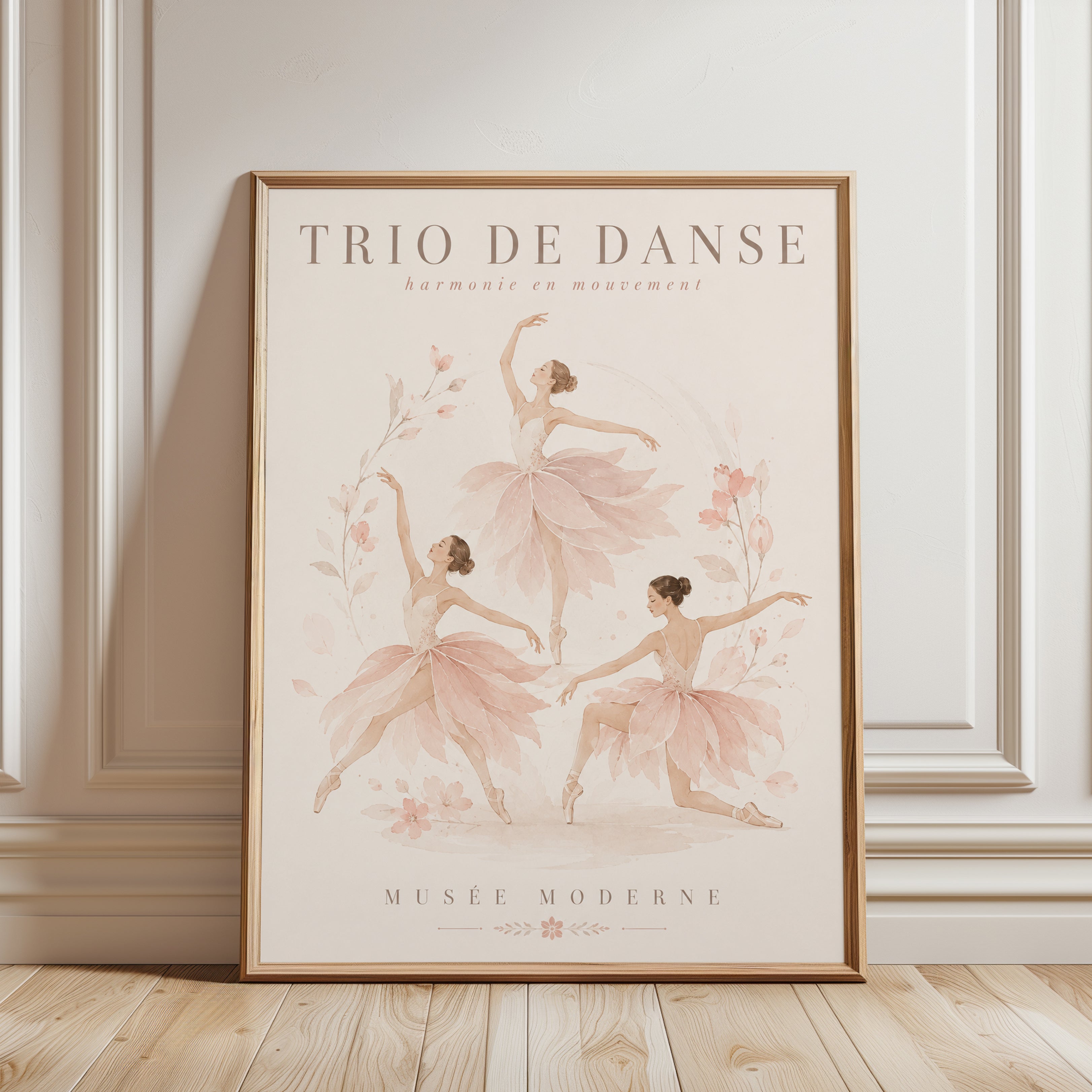 Ballet Dancers Trio Poster: Soft Pink Watercolor Wall Art - framed detail