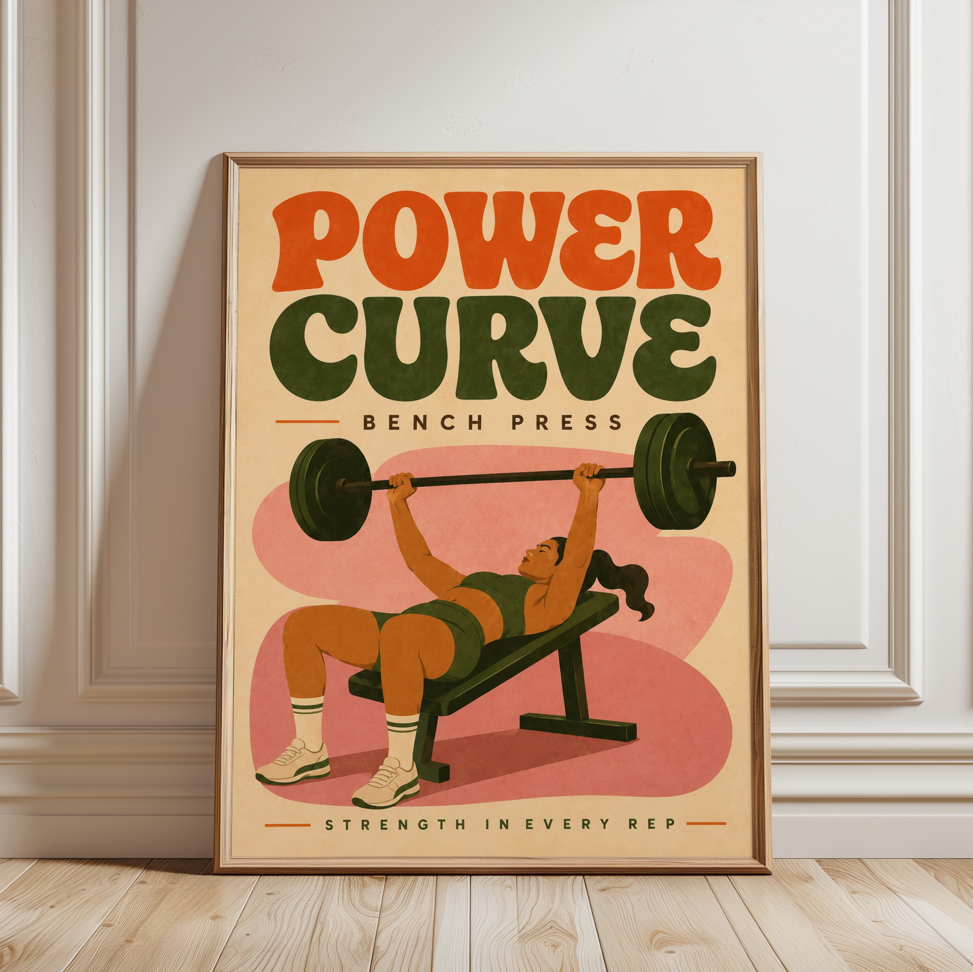 Power Curve Bench Press Poster: Retro Fitness Wall Art - framed detail