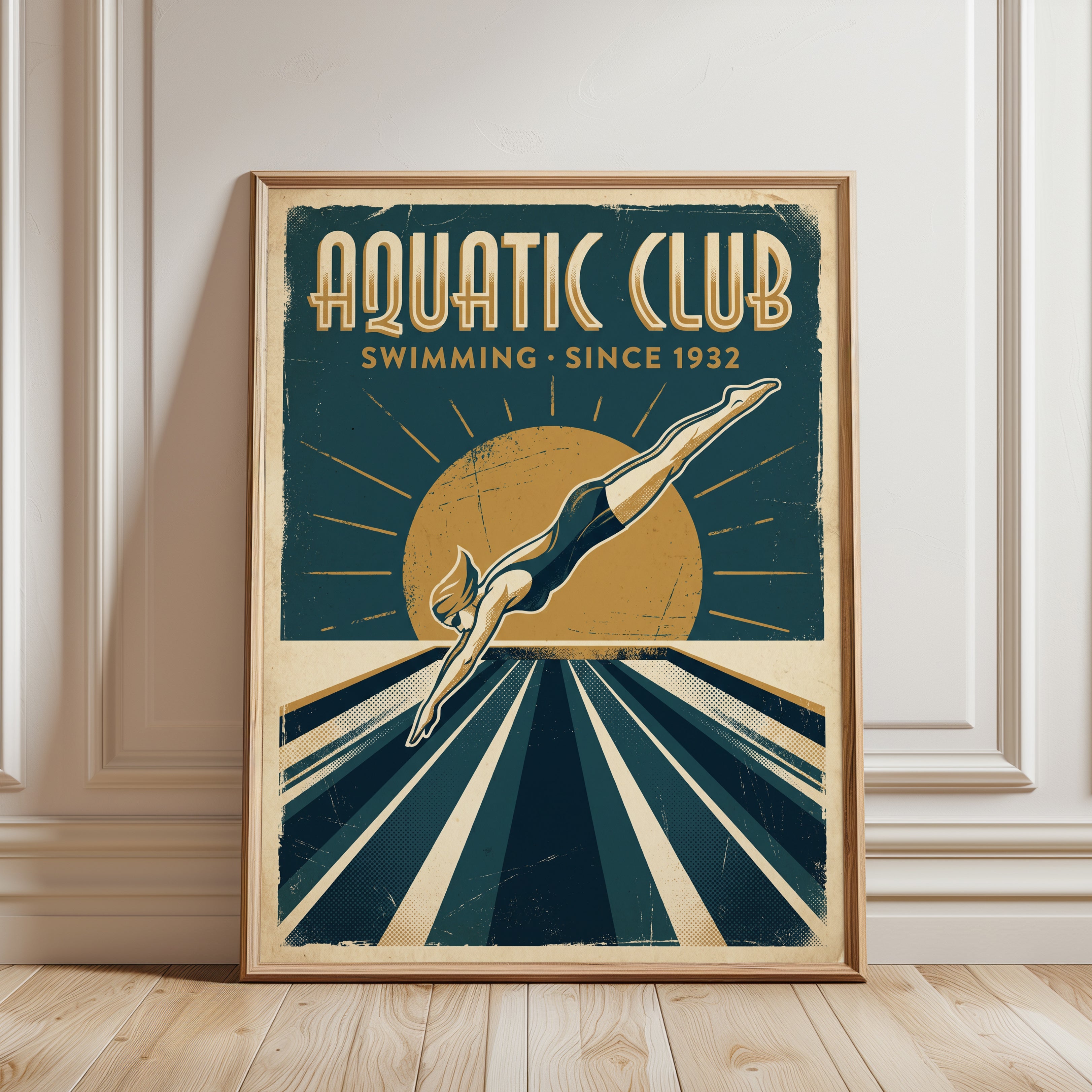 Aquatic Club Diving Poster: Art Deco Swimming Vintage Print - framed detail