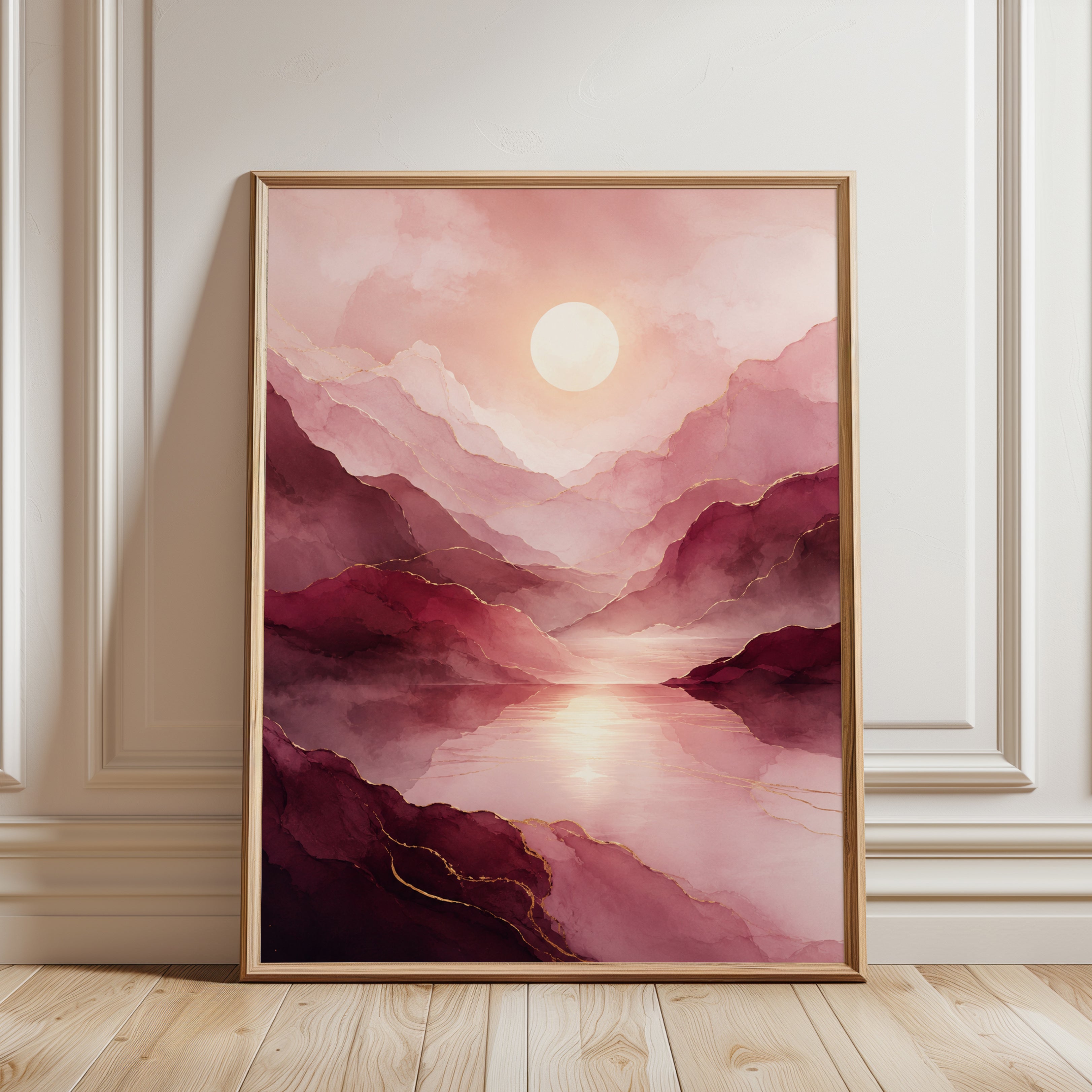 Pink Landscape Wall Art – Abstract Mountain Print - framed detail