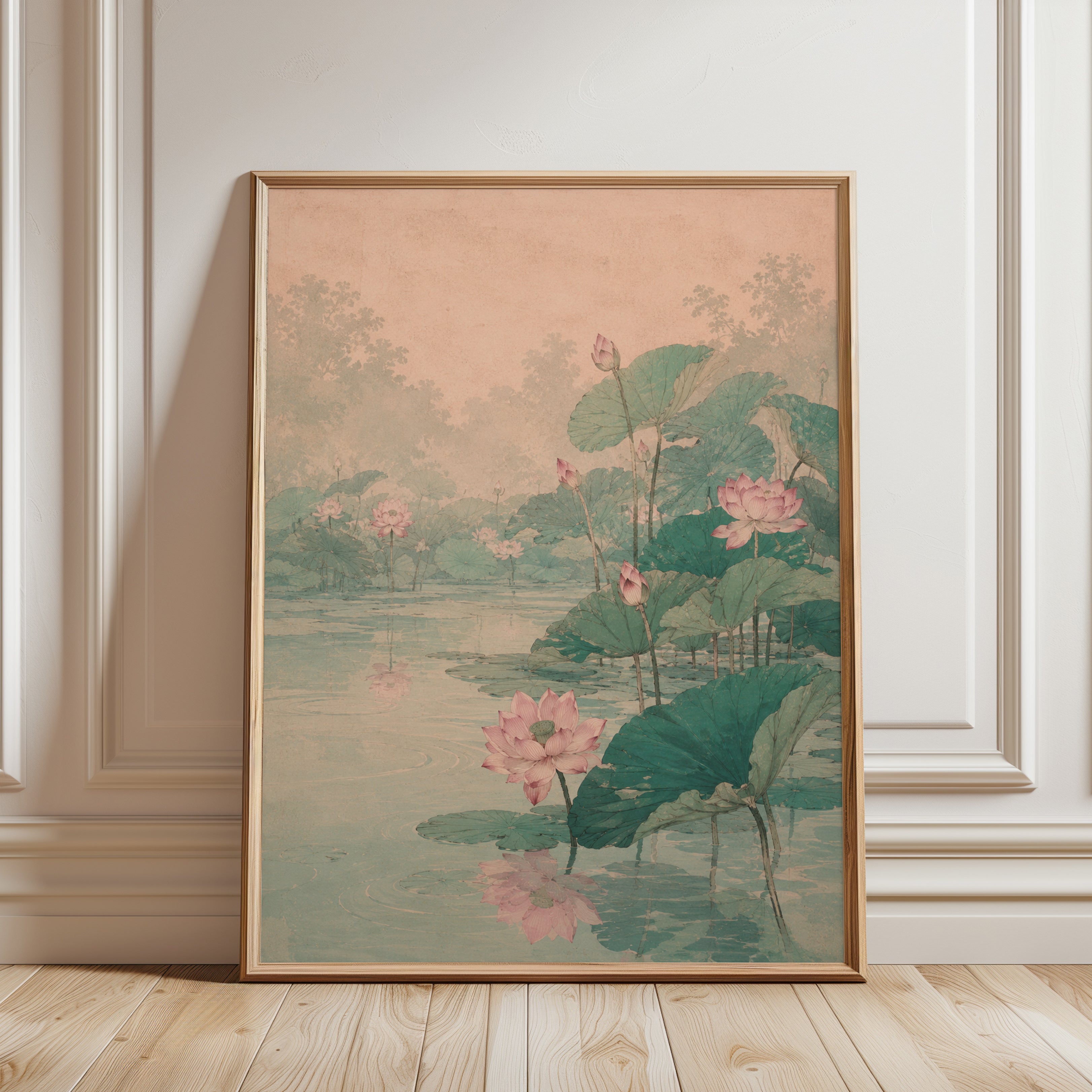 Lotus Pond Wall Art: Vintage Asian Botanical Print - framed detail