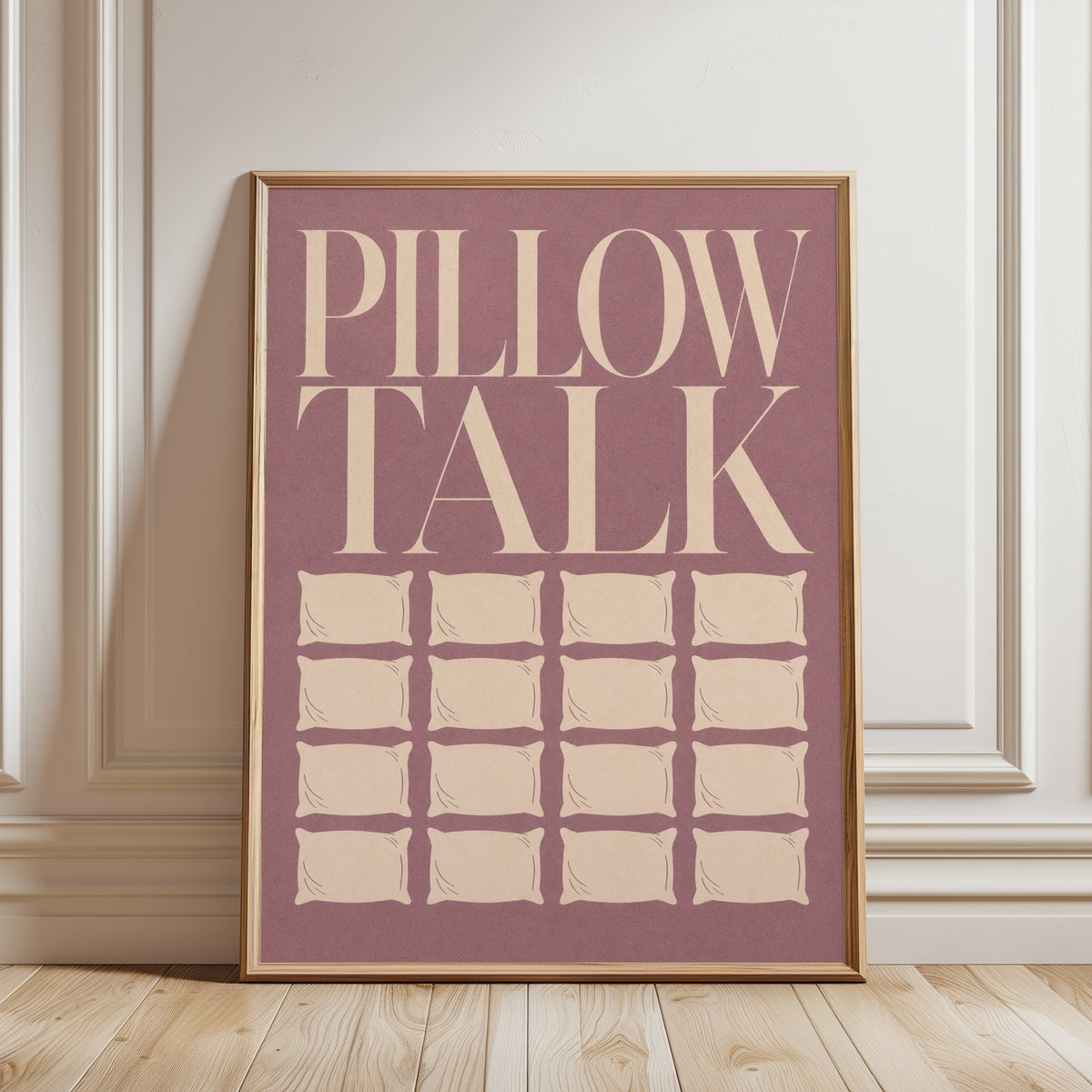Pillow Talk Print: Playful Mauve & Cream Bedroom Wall Art - framed detail