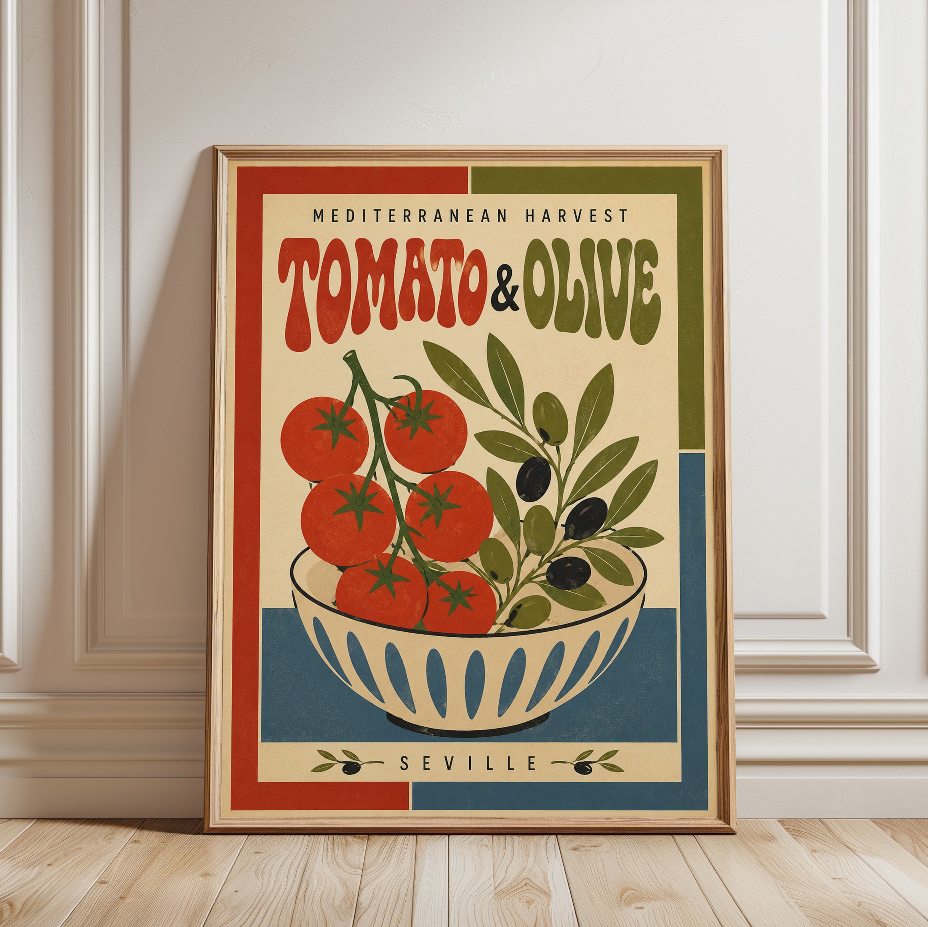 Vintage Food Poster: Mediterranean Tomato & Olive - framed detail
