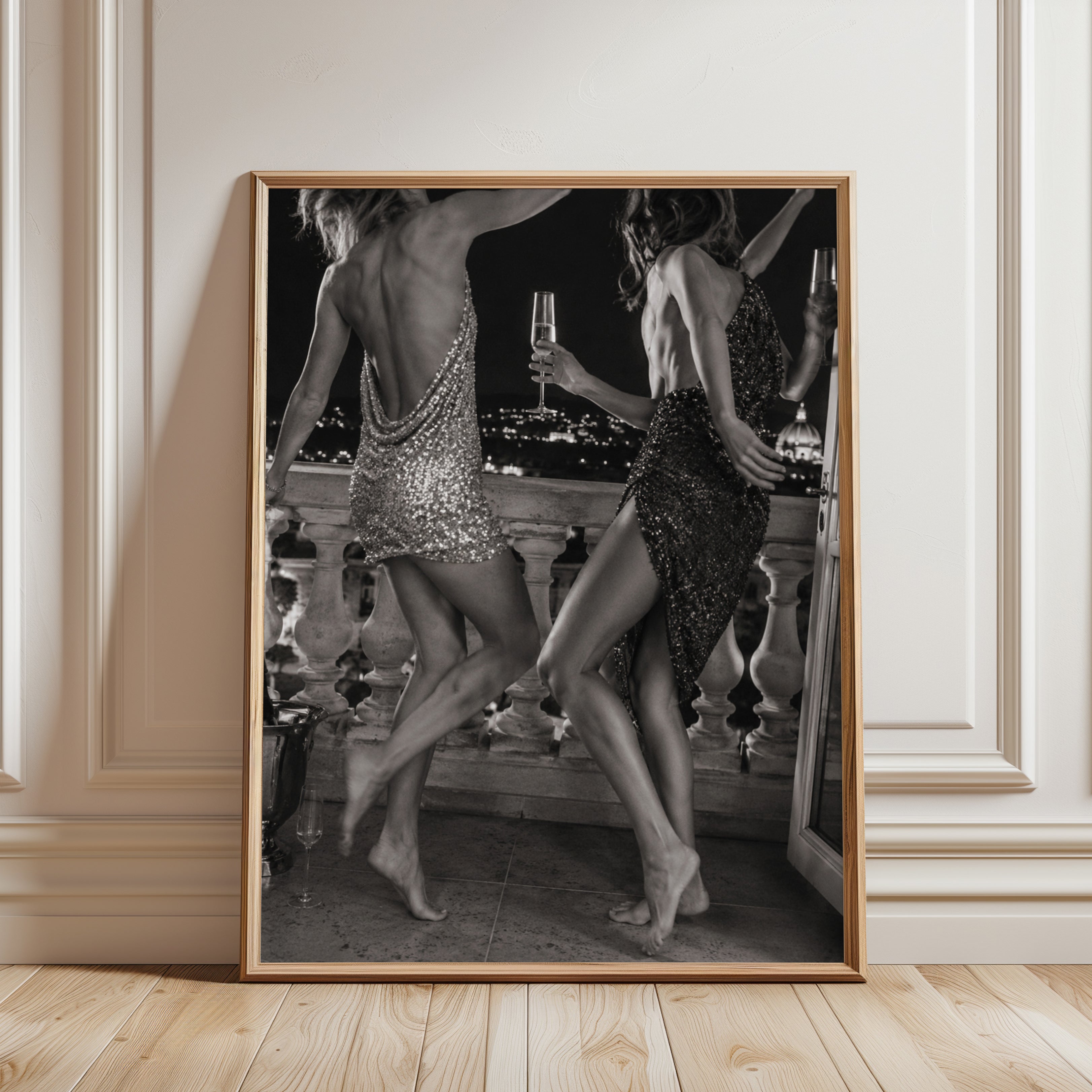 Glamorous Nightlife Art Print: Black and White Fashion Photography - framed detail
