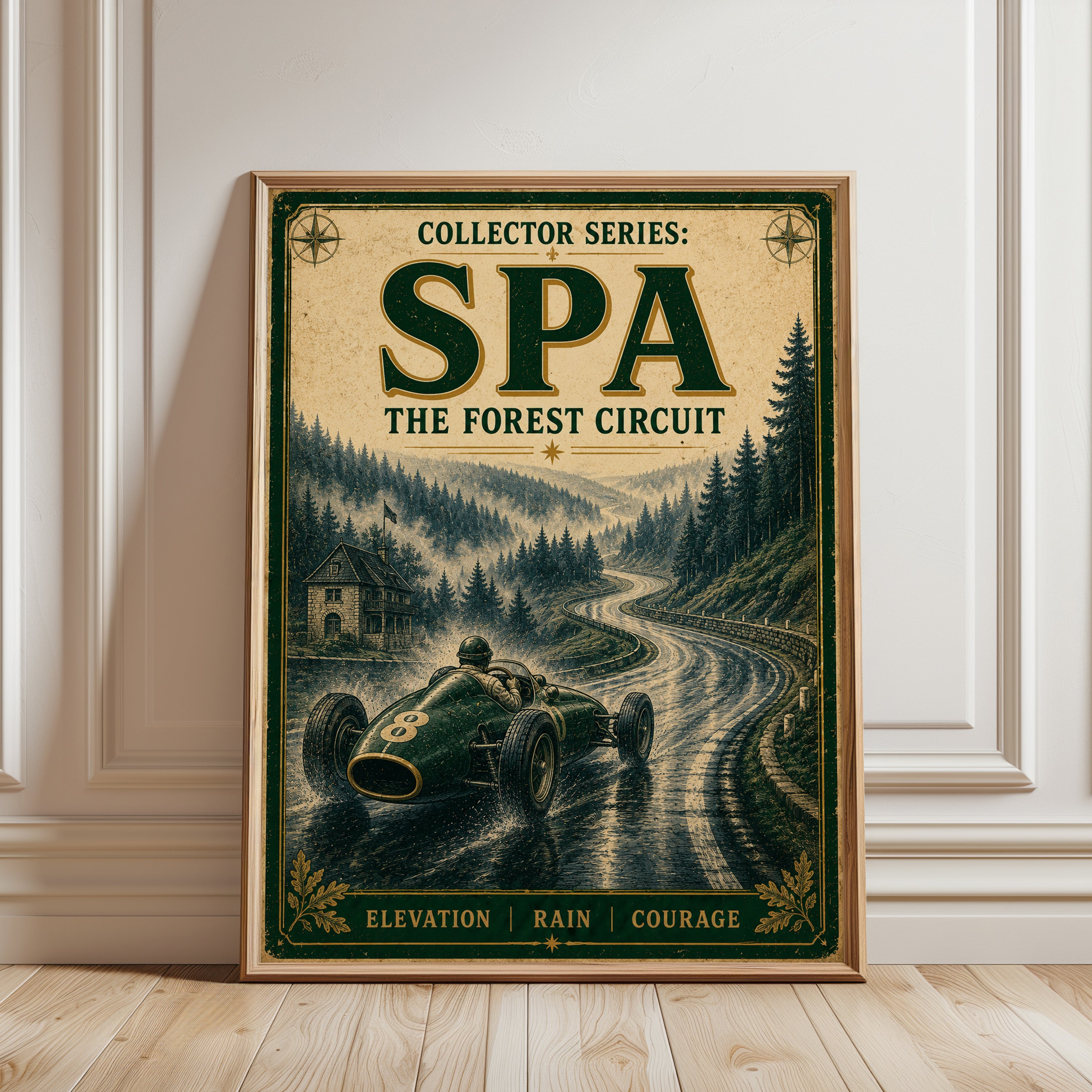 Spa Racing Circuit Vintage Poster — Classic Formula 1 Grand Prix - framed detail