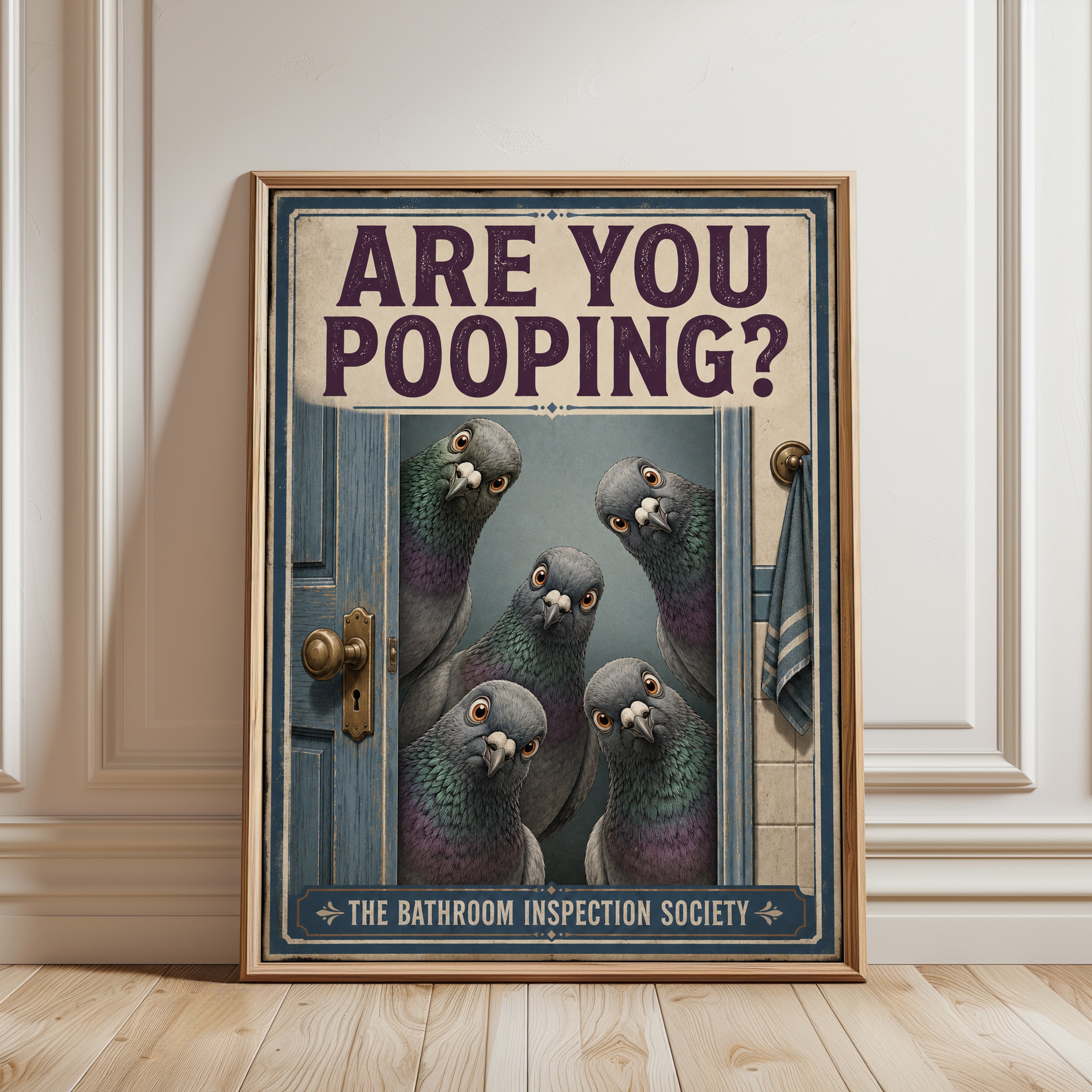 Pigeon Inspection Society Print: Funny Vintage Bathroom Wall Art - framed detail