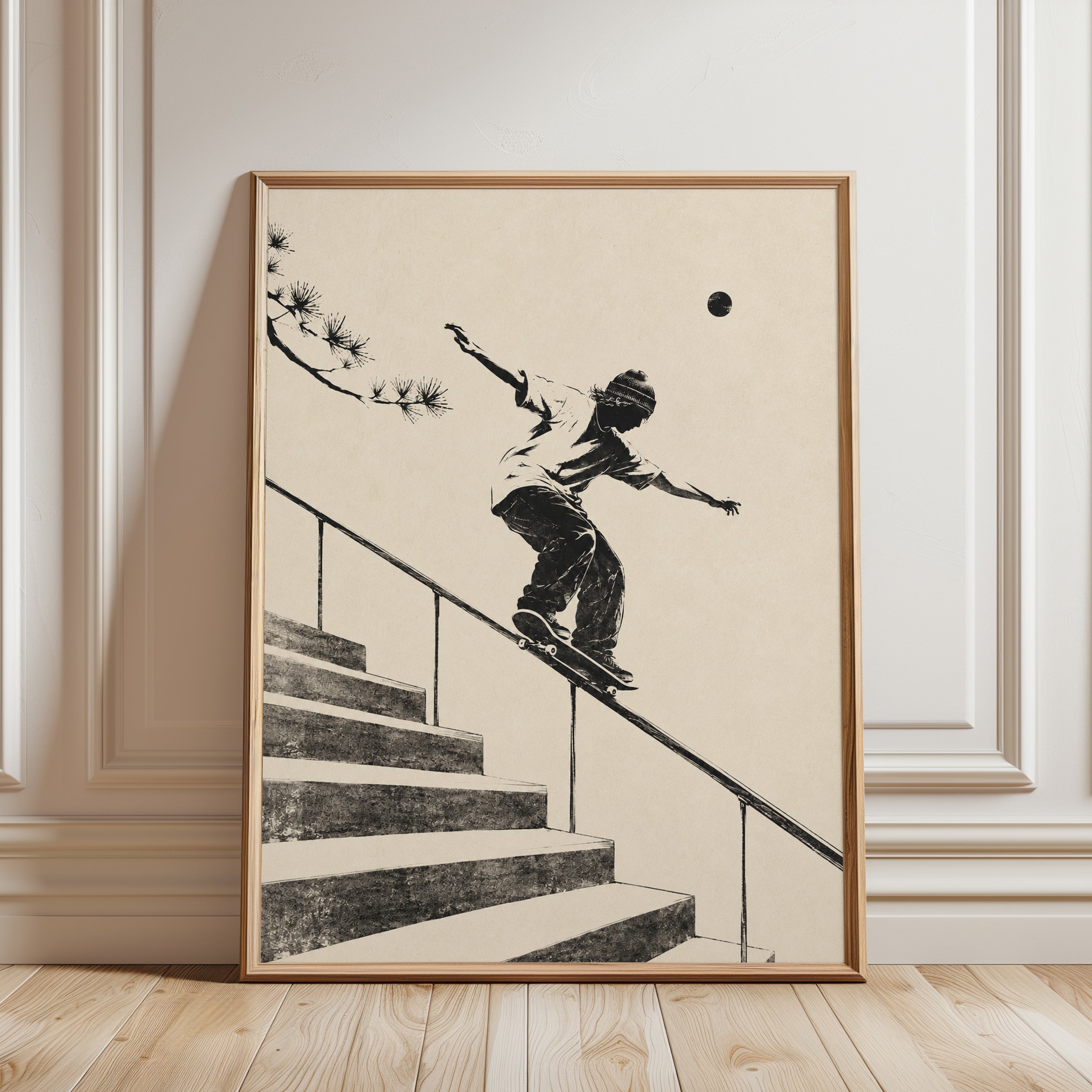 Skateboard Grind Art Print: Japanese Ink Style Urban Sports - framed detail