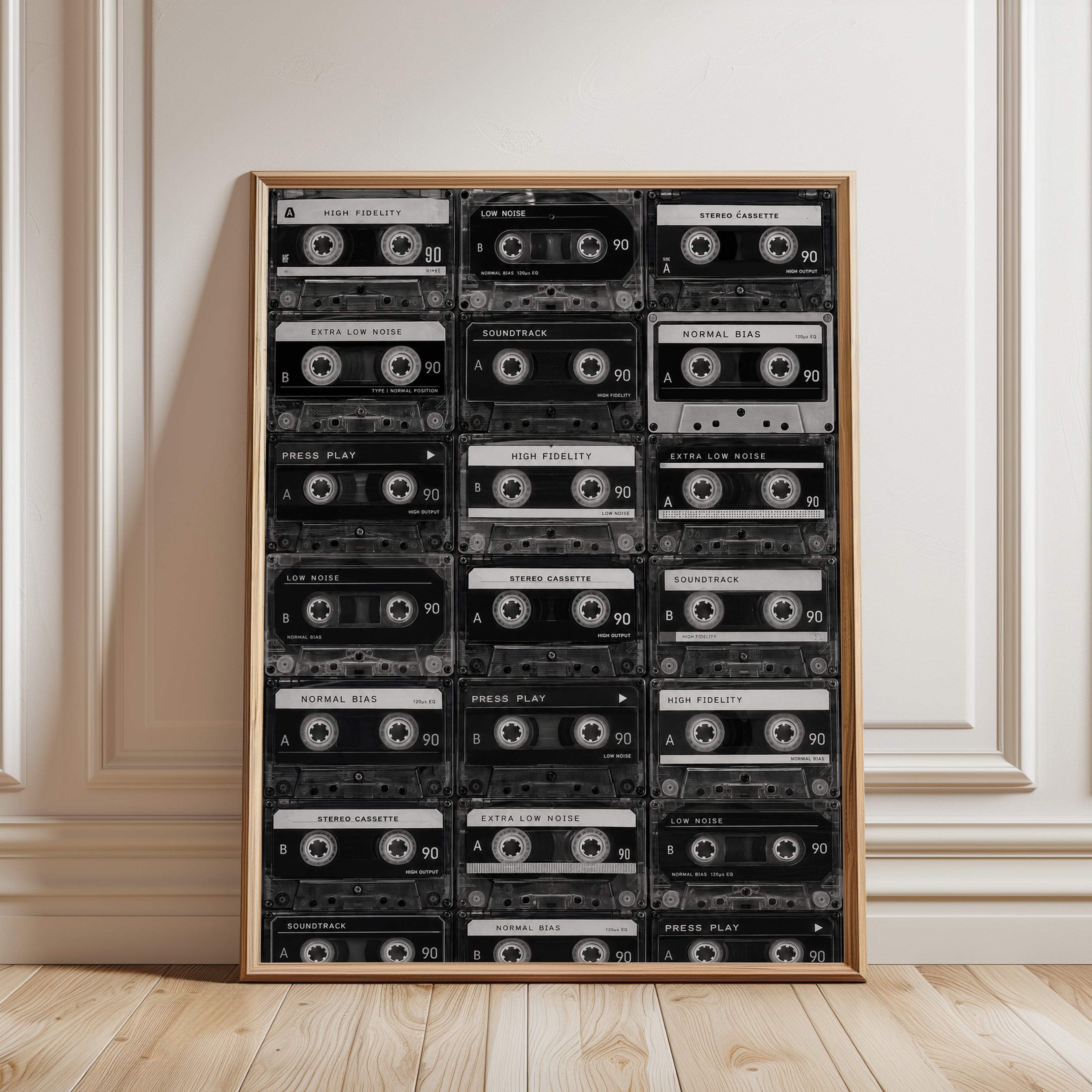 Cassette Tape Print: Nostalgic 90s Music Art (Black & White) - framed detail