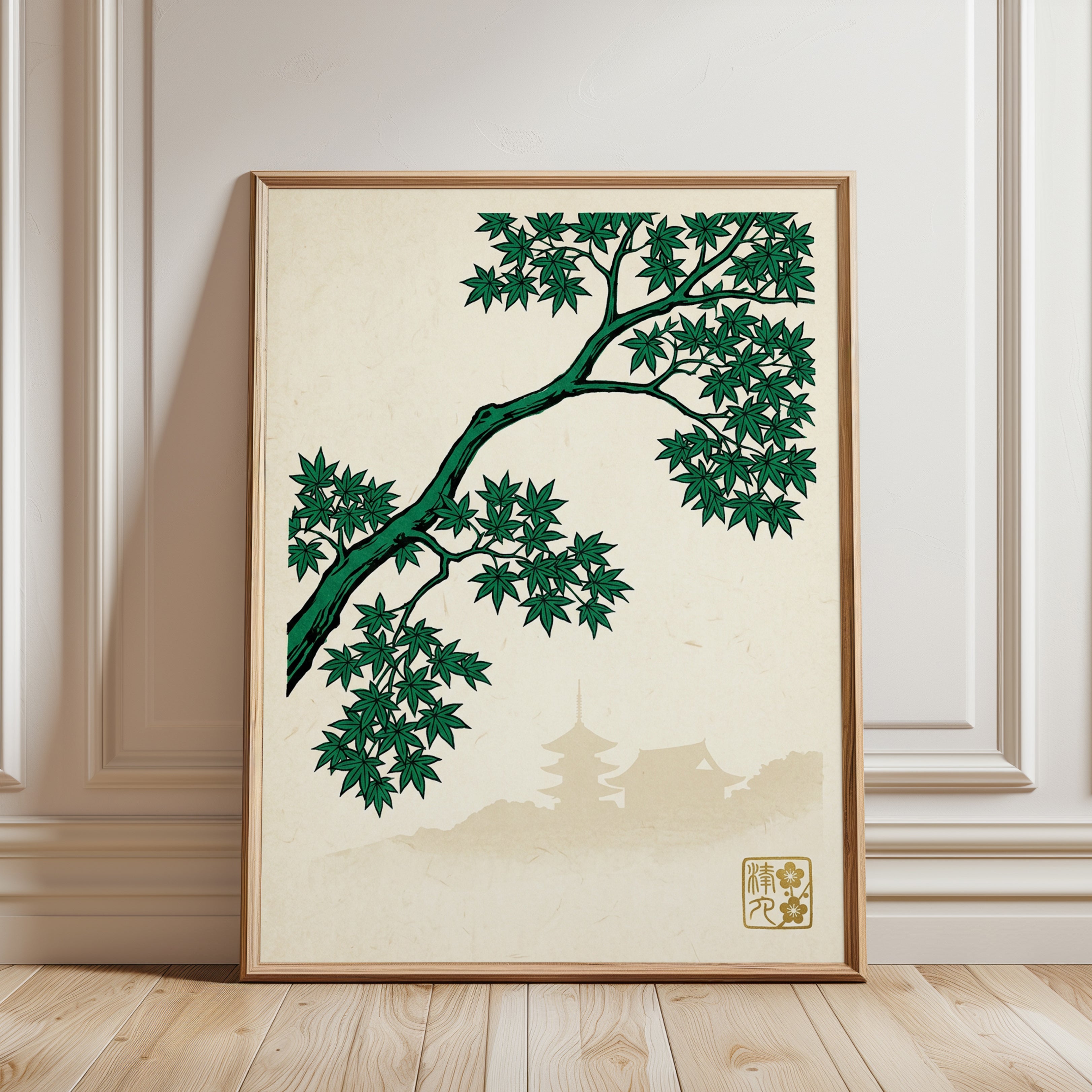 Japanese Maple Branch Art Print: Green Tree with Pagoda Design - framed detail