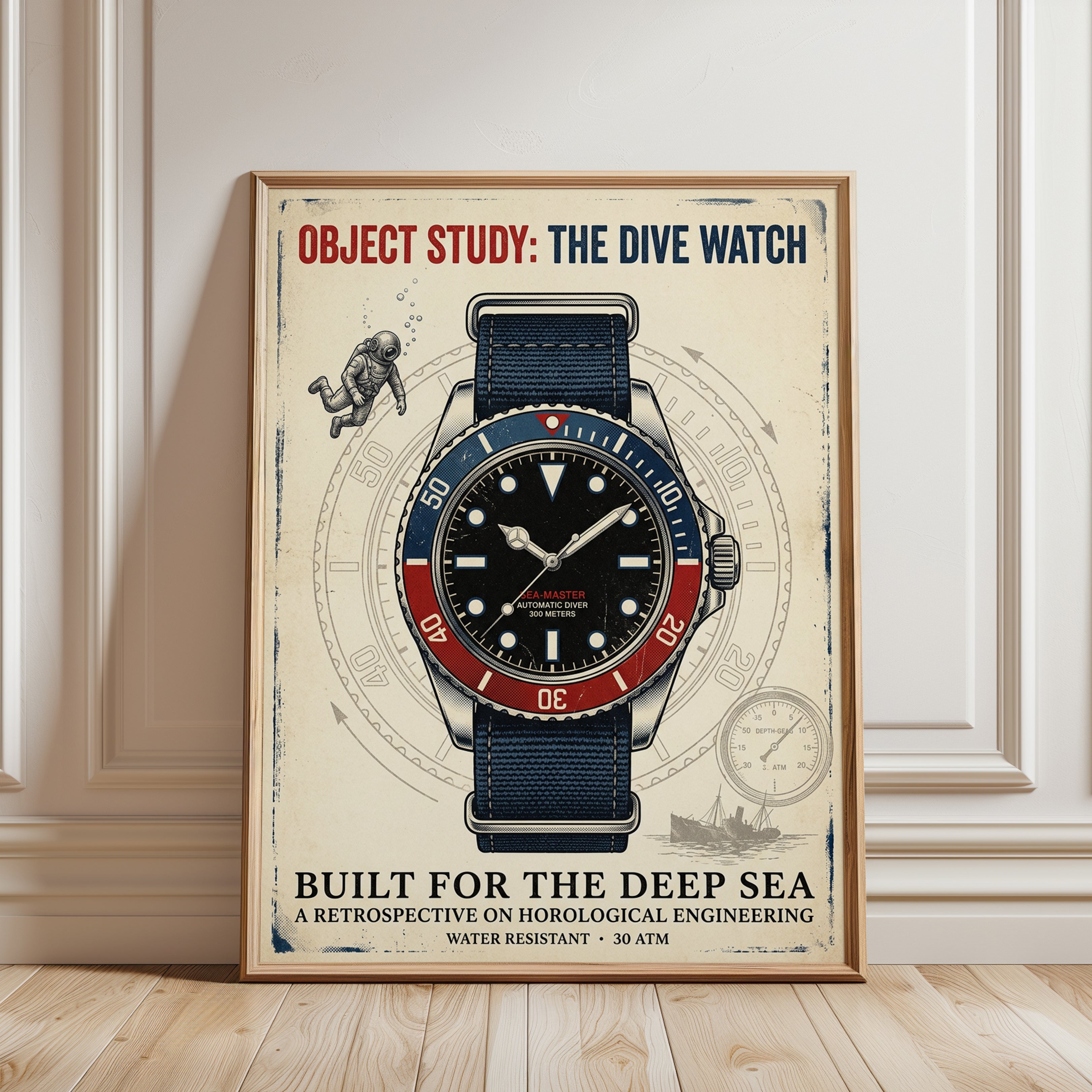 Vintage Dive Watch Poster: Retro Technical Illustration Art Print - framed detail