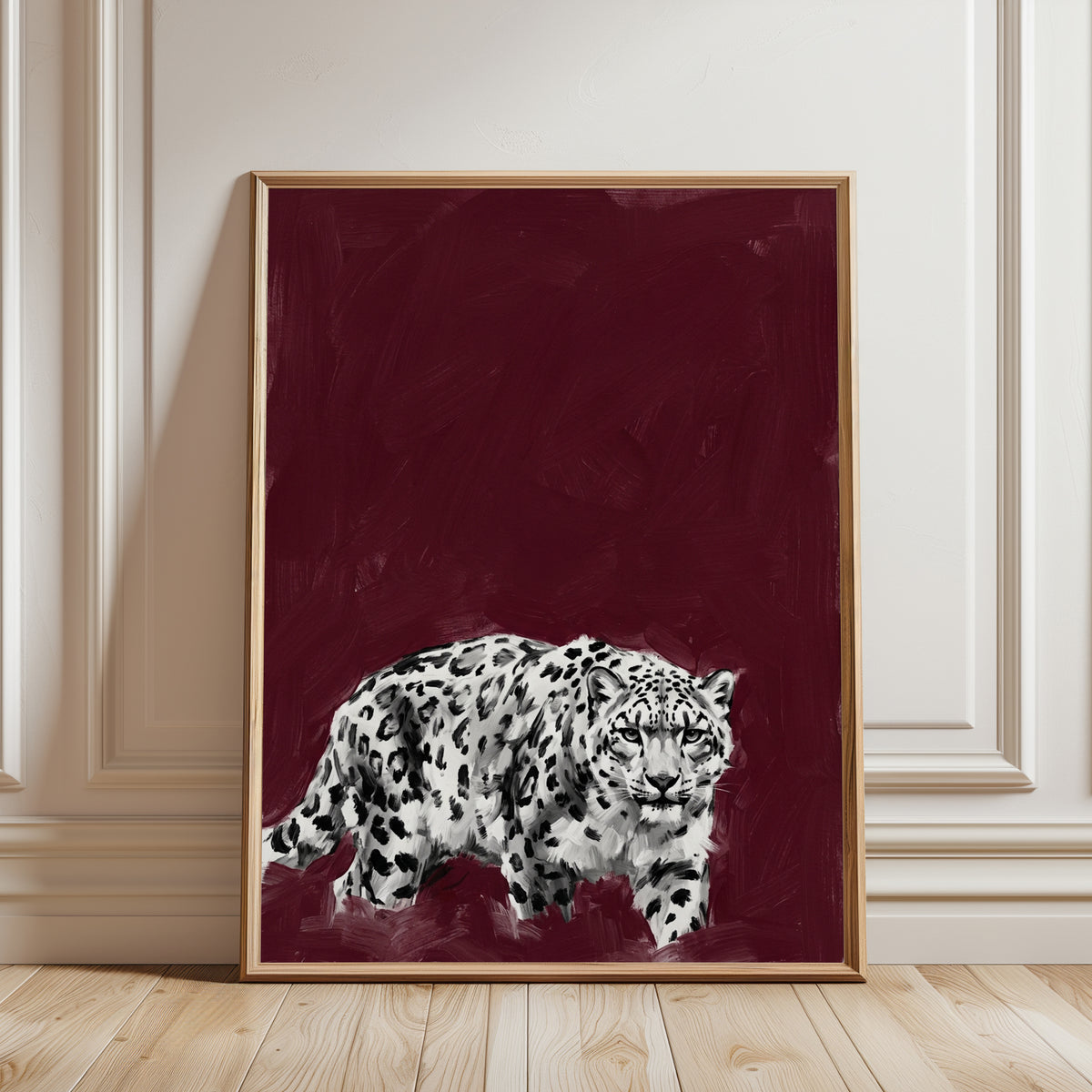 Snow Leopard Wall Art: Bold Burgundy Contemporary Wildlife Print - framed detail
