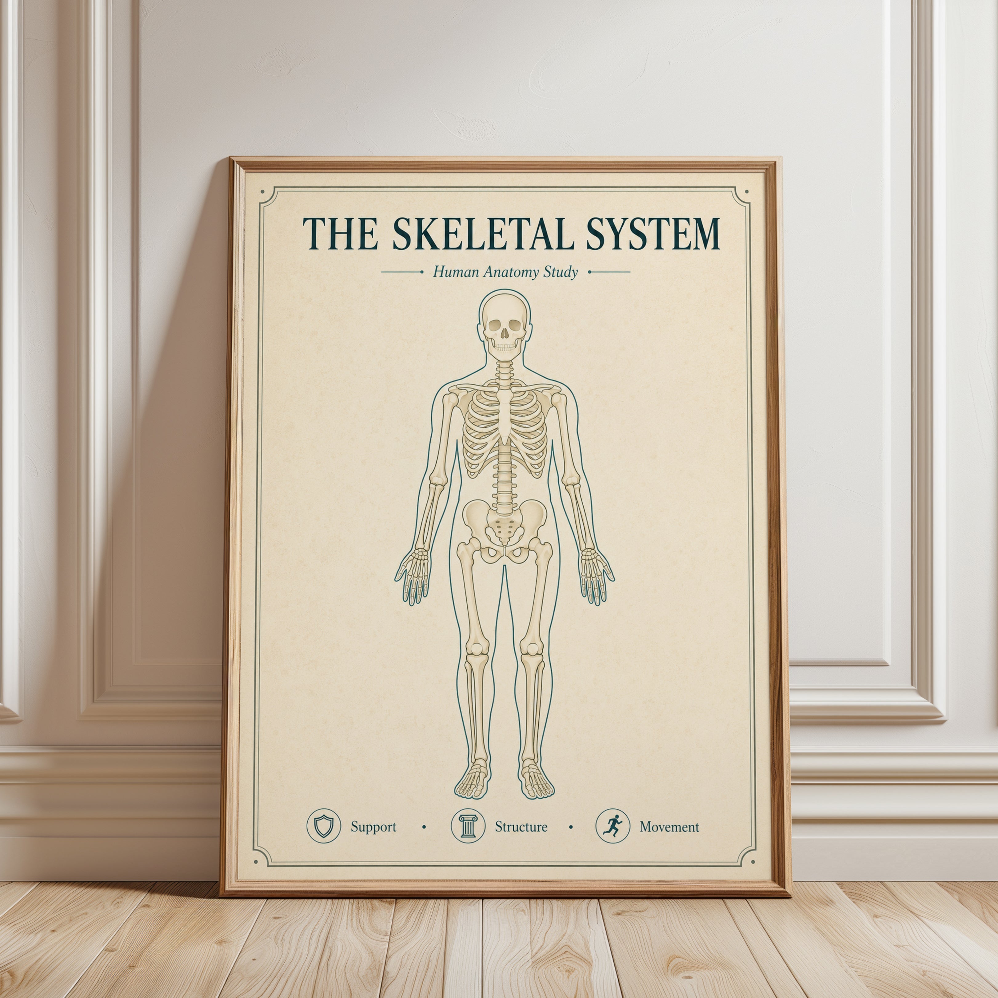 Skeletal System Anatomy Print — Vintage Medical Illustration - framed detail