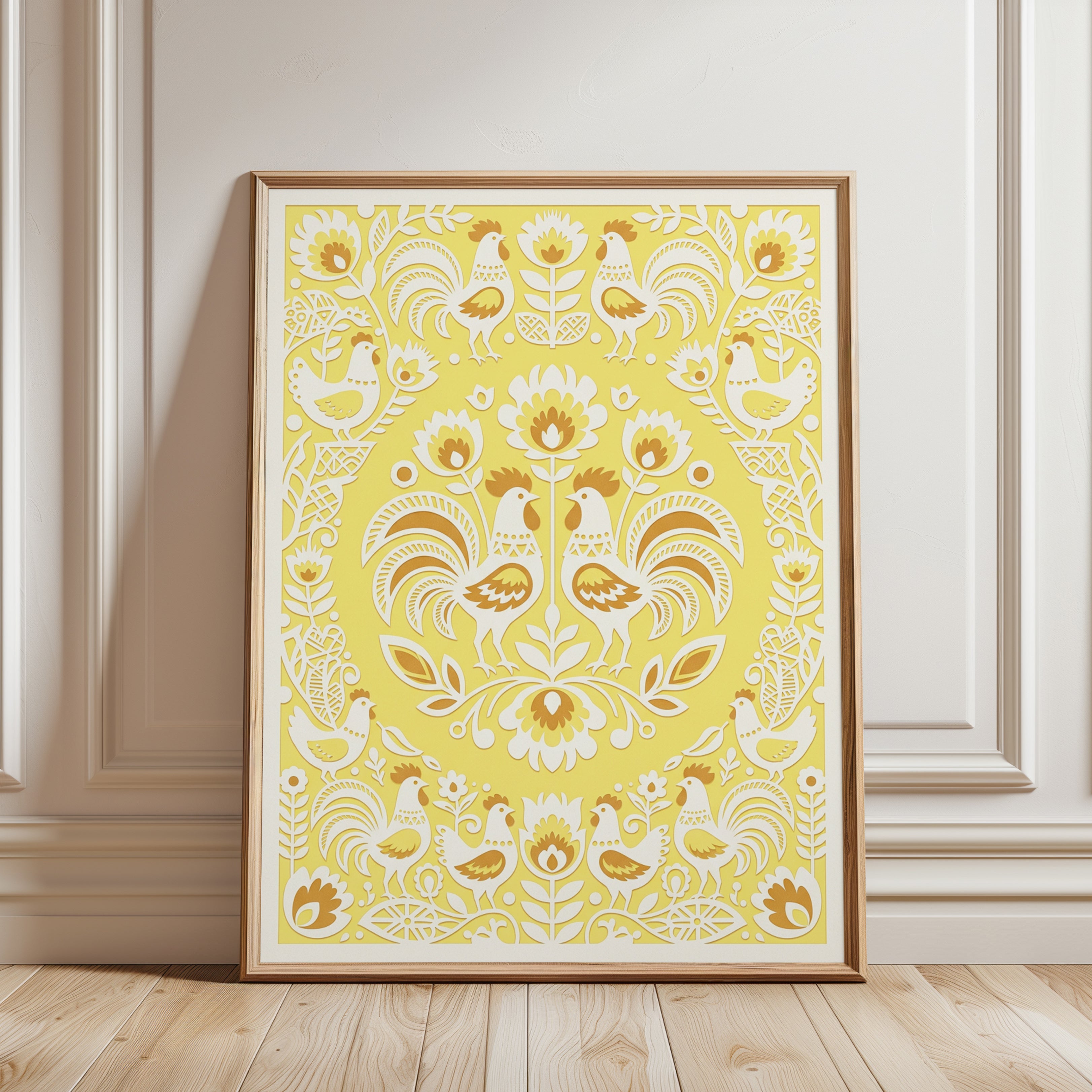 Folk Art Rooster Print: Yellow Scandinavian Pattern Design - framed detail