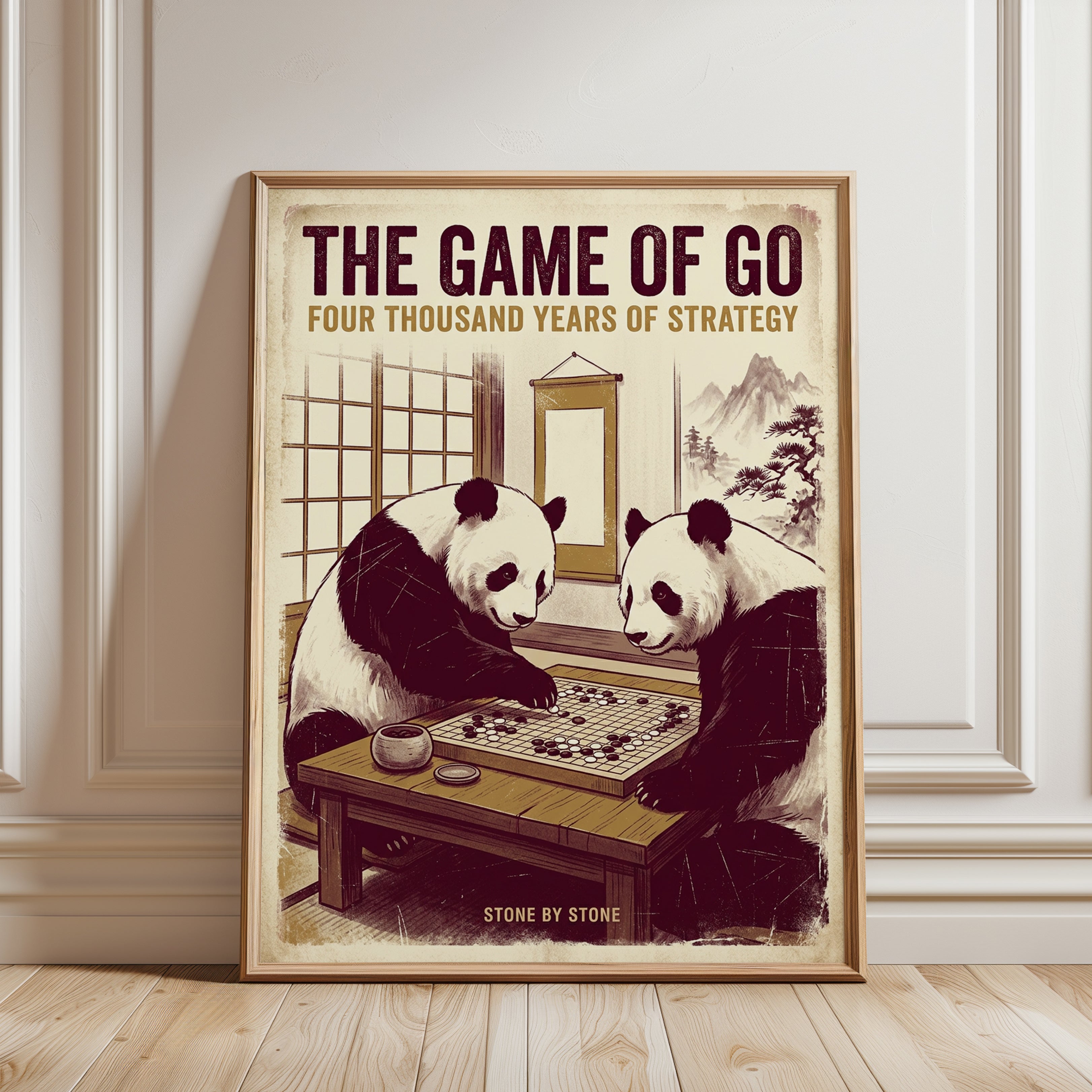 Pandas Playing Go Board Game Poster: Vintage Japanese Style Art - framed detail