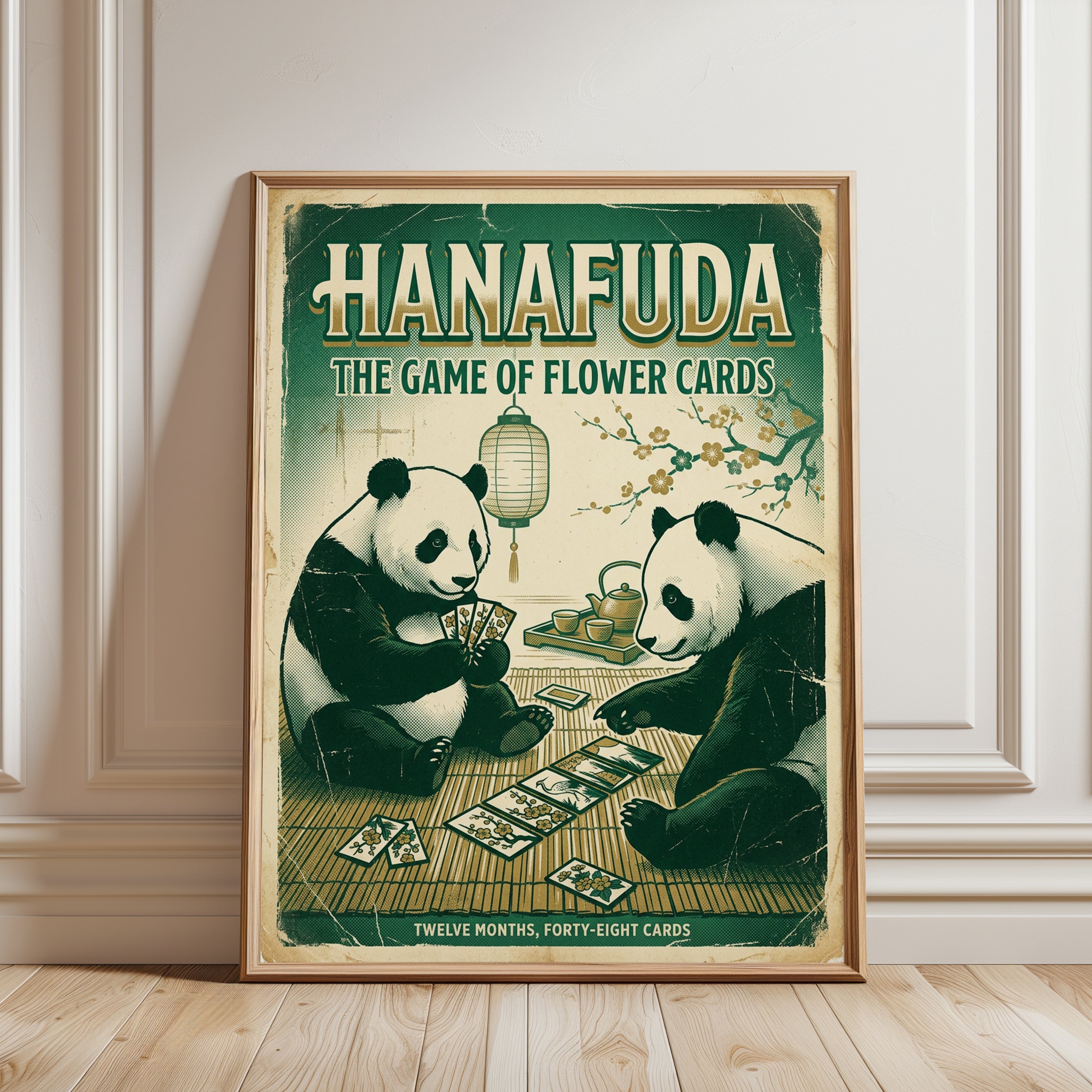 Hanafuda Pandas Playing Cards Poster: Vintage Japanese Art Print - framed detail