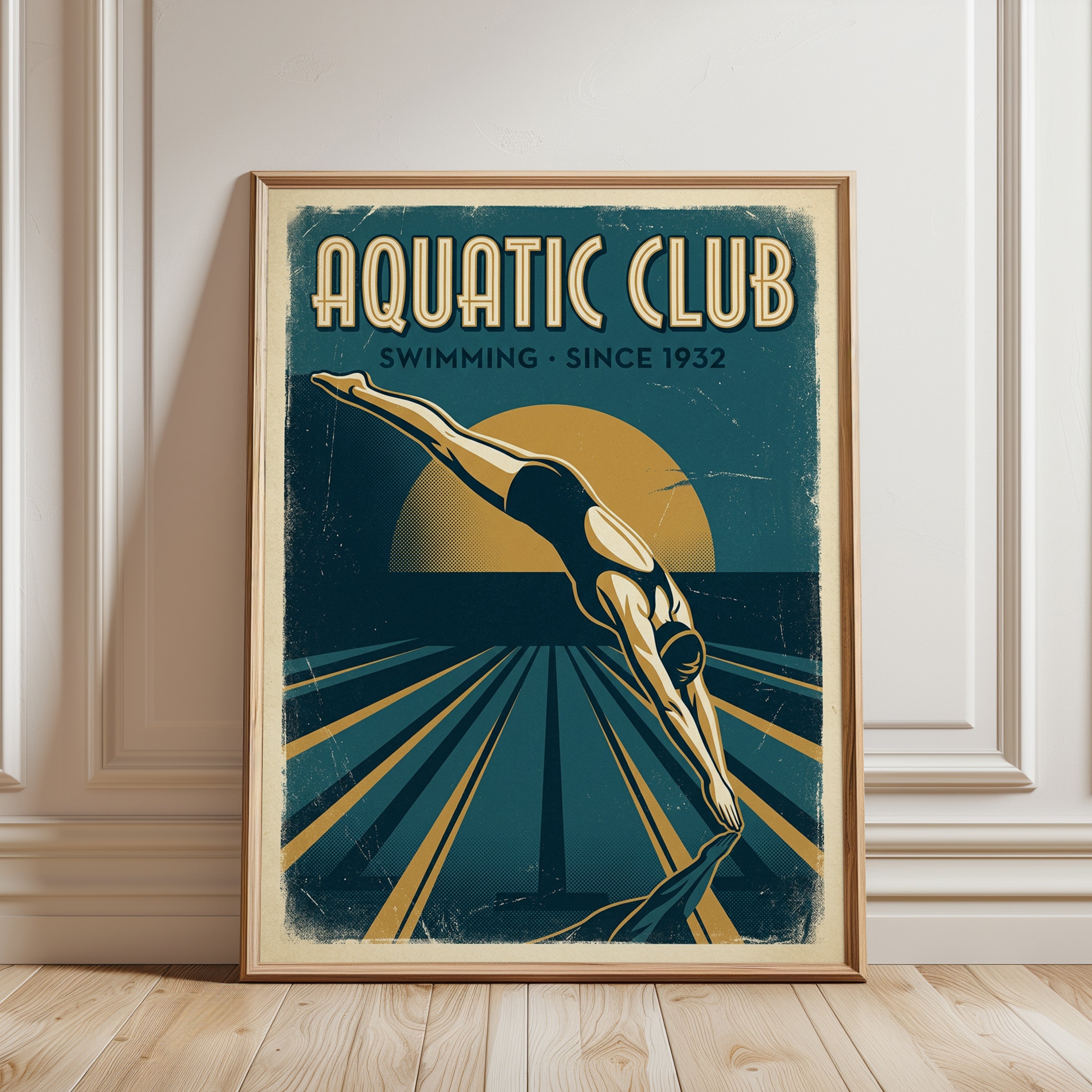 Aquatic Club Swimming Poster: Vintage Art Deco Diver Print - framed detail